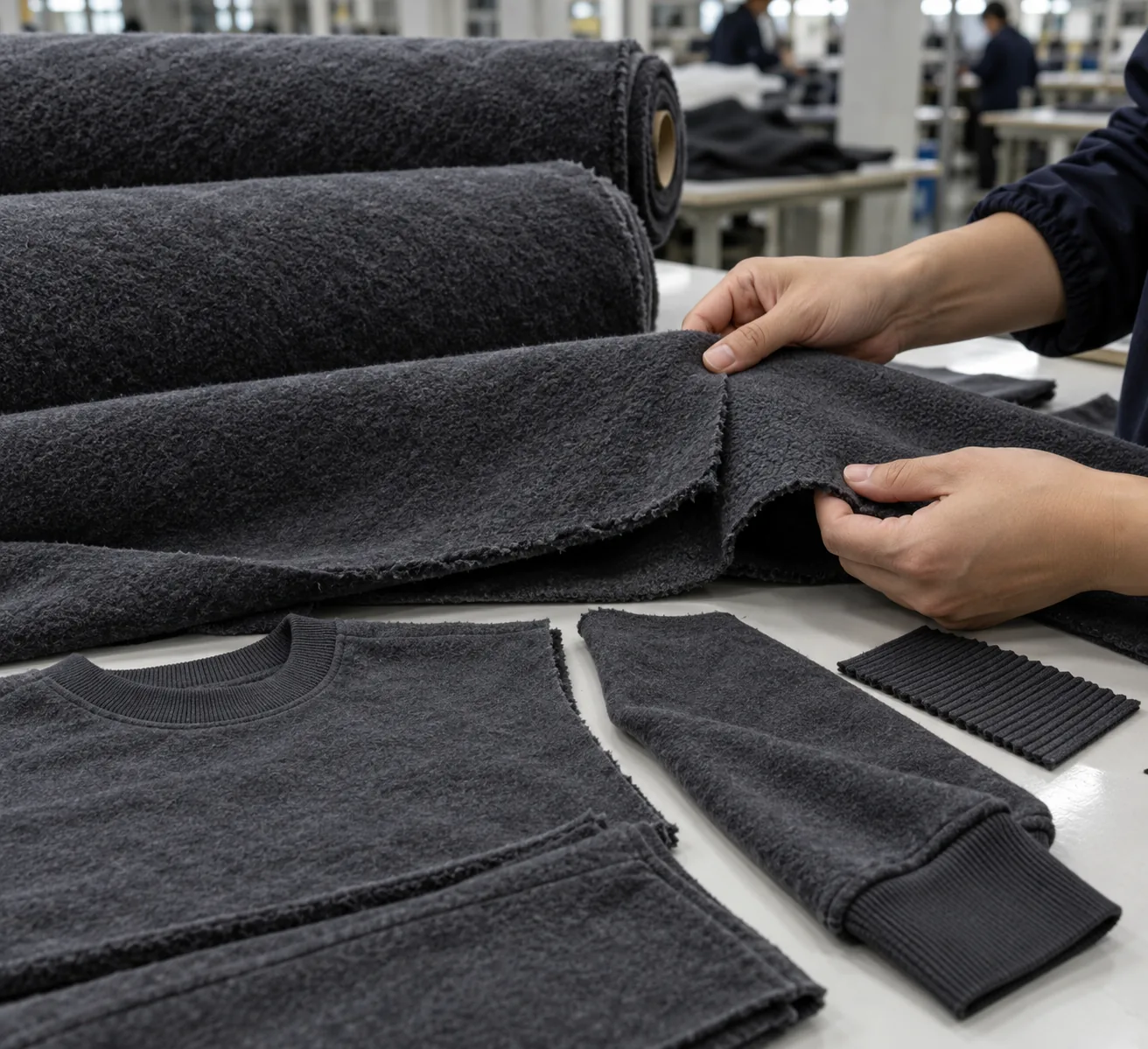 Fleece rolls and cut panels being compared for color and surface texture