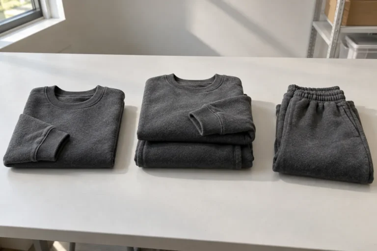 Photorealistic apparel documentary photograph of a finished unbranded charcoal sweatshirt and matching joggers folded as