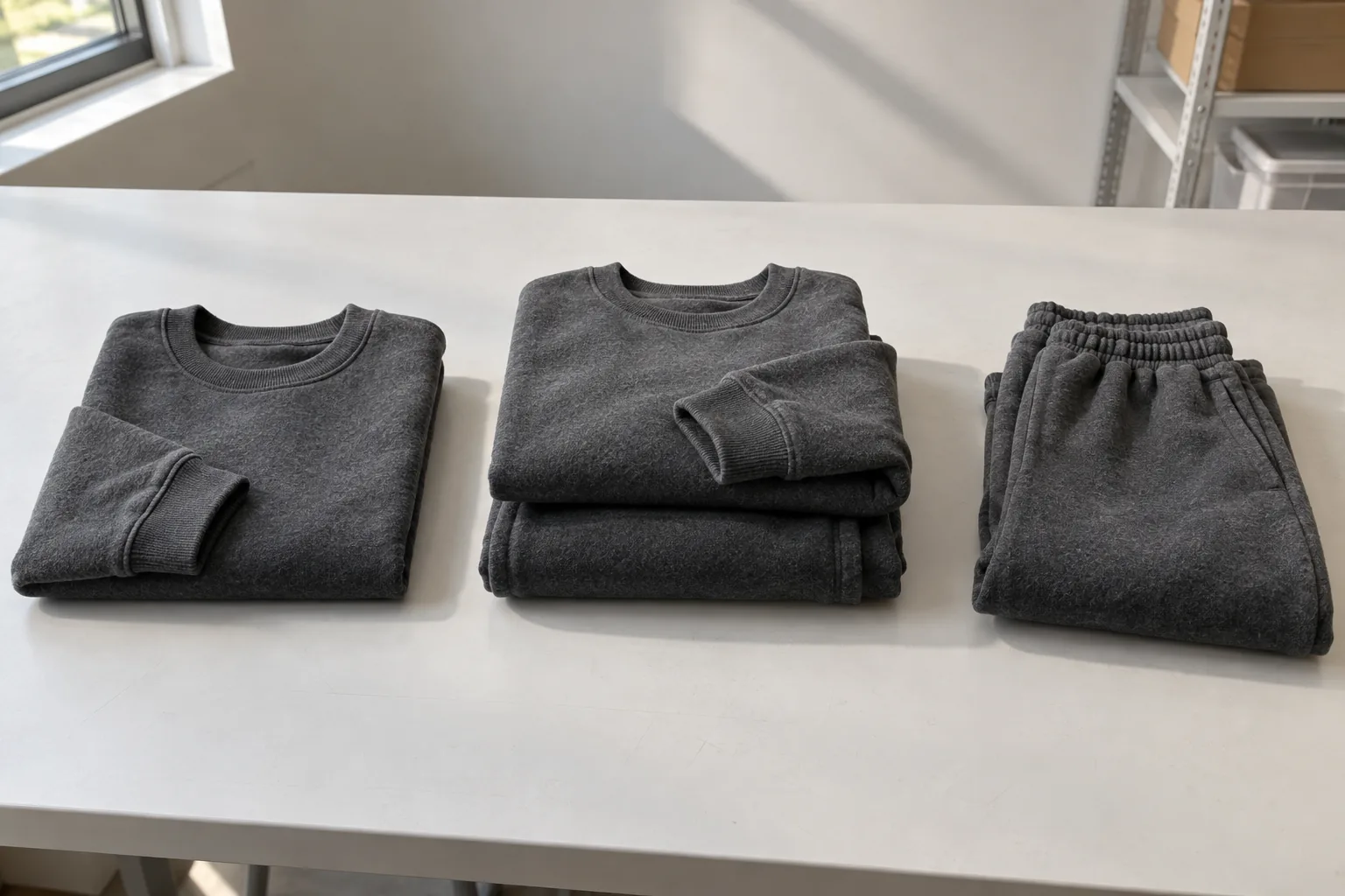 Photorealistic apparel documentary photograph of a finished unbranded charcoal sweatshirt and matching joggers folded as