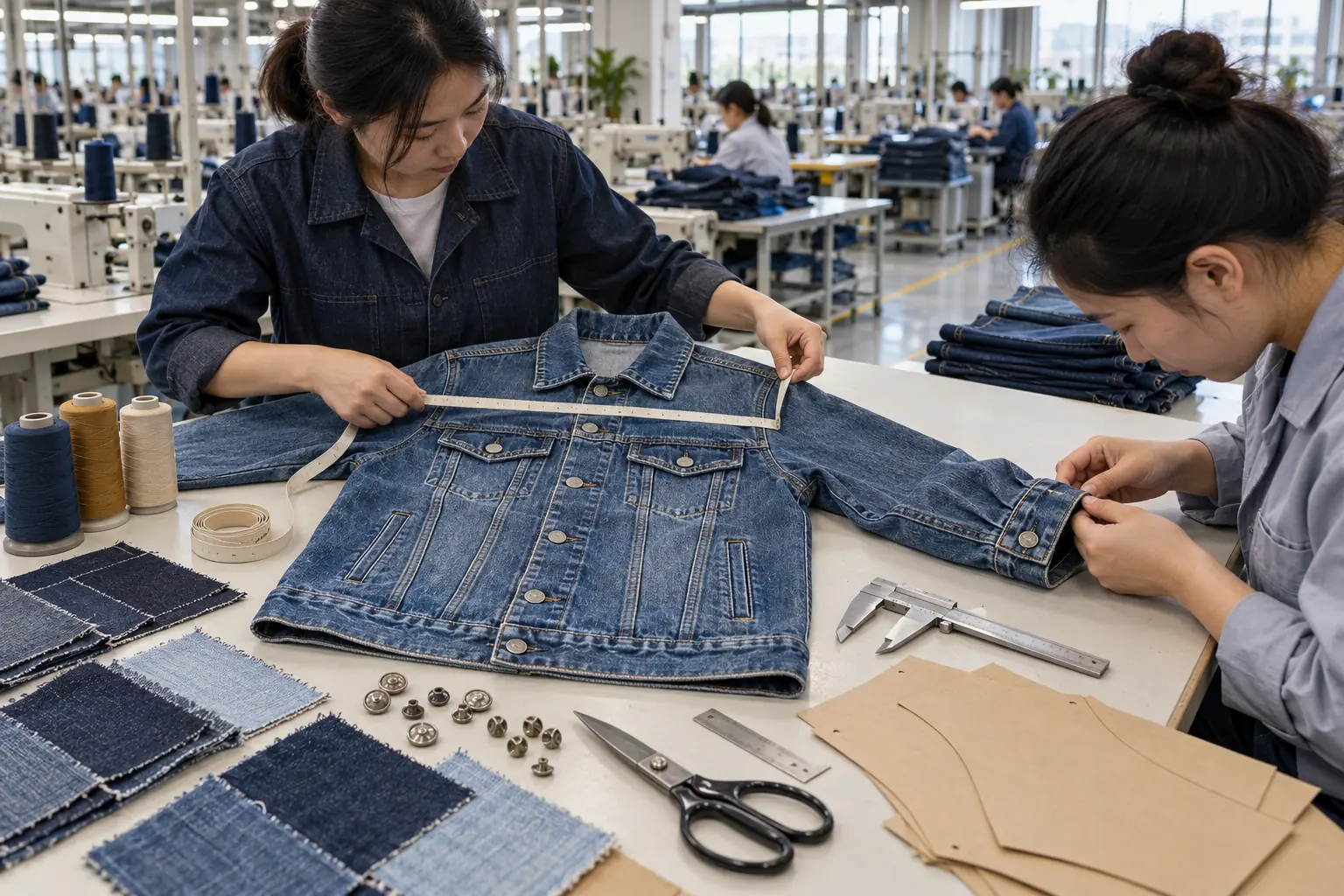 Unwashed denim swatches compared beside fabric rolls under neutral light