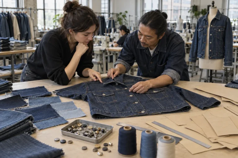 Photorealistic documentary photo for apparel manufacturing about What Buyers Should Clarify Before Sampling a Denim Jack