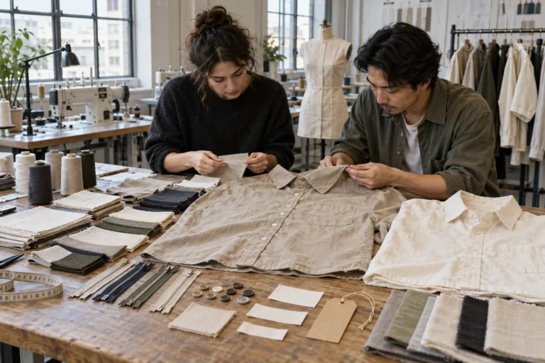 Photorealistic documentary photo for apparel manufacturing about What Private Label Details Buyers Should Decide Before