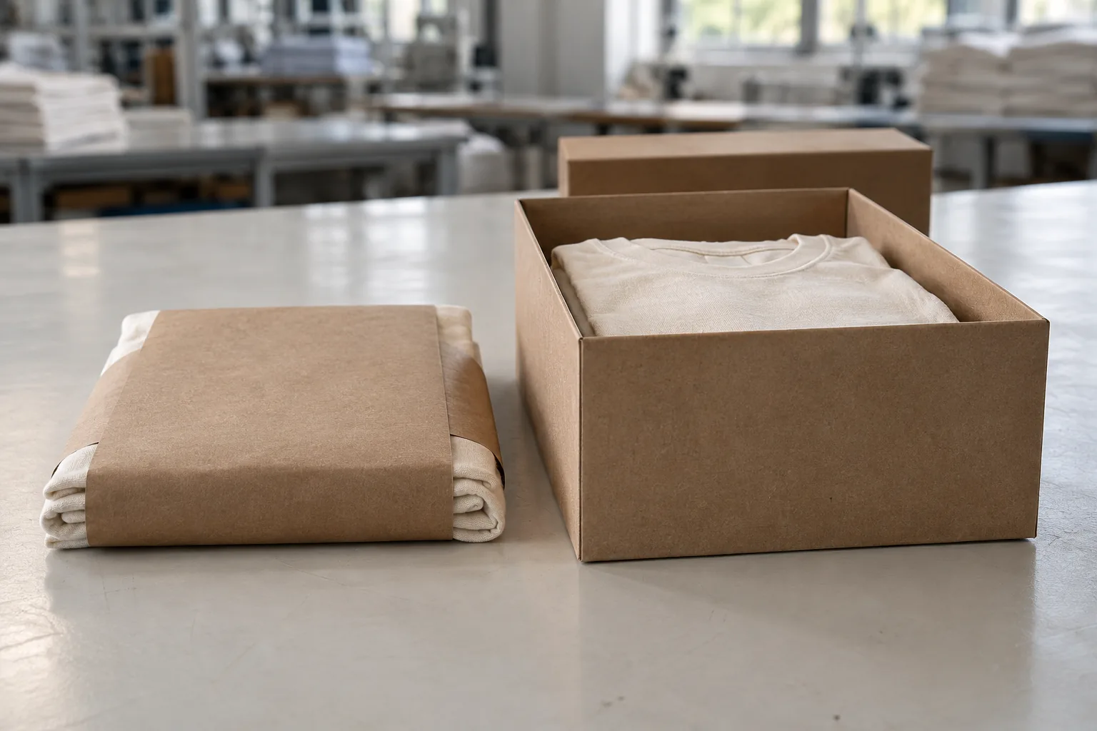 Unbranded folded garments beside compact and rigid packaging options on a packing table
