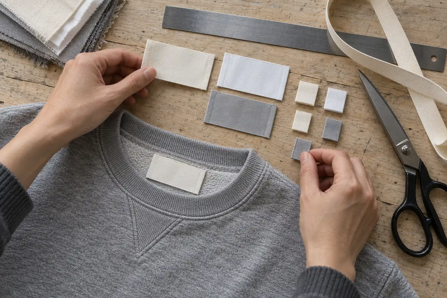 Blank woven label samples and separate size-tab blanks arranged on a garment sampling table