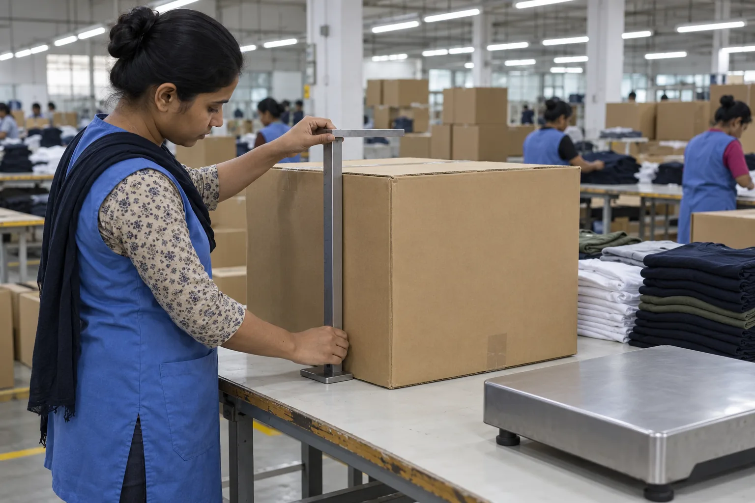 Packing worker measuring a master carton beside folded garments and a weighing scale