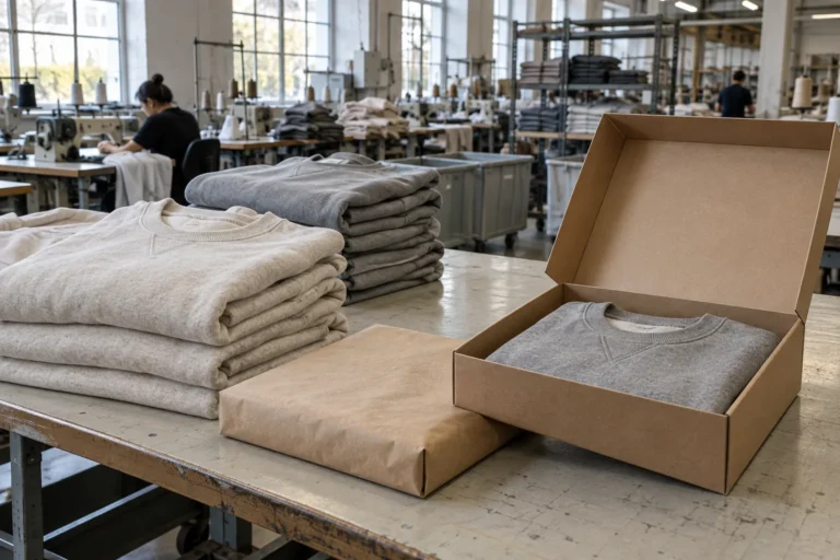 Photorealistic apparel factory documentary photograph of finished unbranded sweatshirts folded on a packing bench, a com