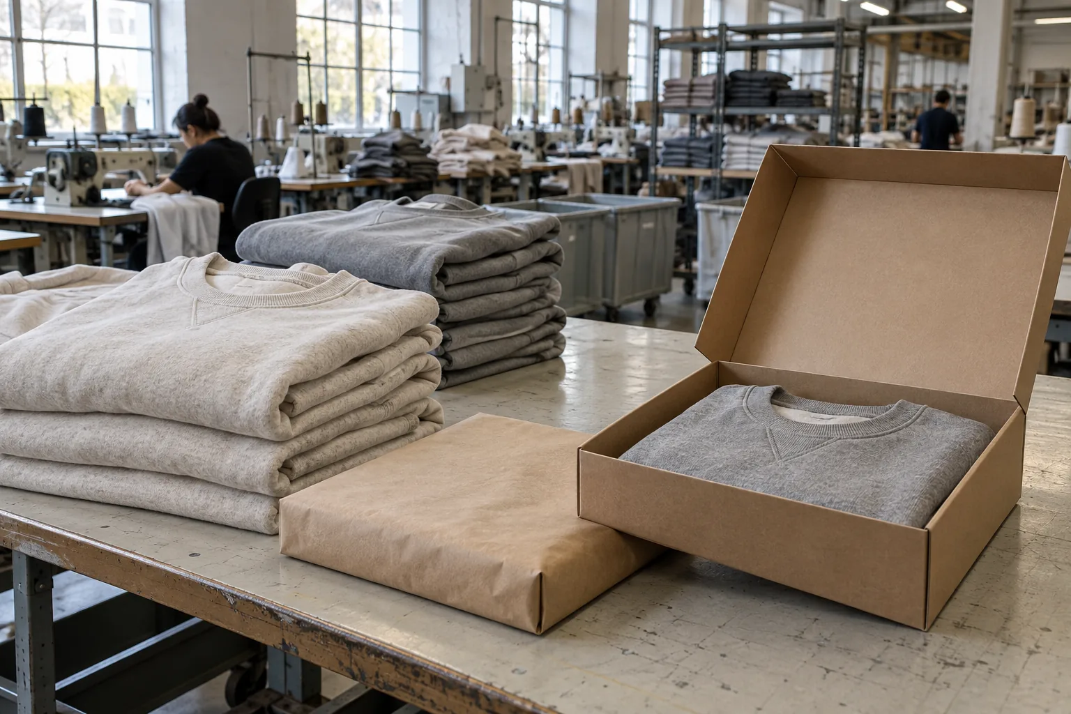 Photorealistic apparel factory documentary photograph of finished unbranded sweatshirts folded on a packing bench, a com