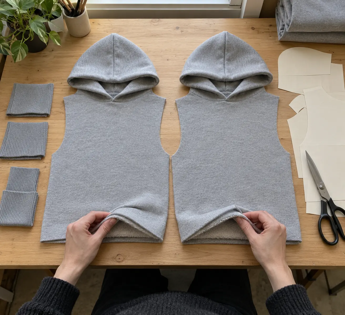 Two hoodie fabric candidates laid out with swatches on a sampling table