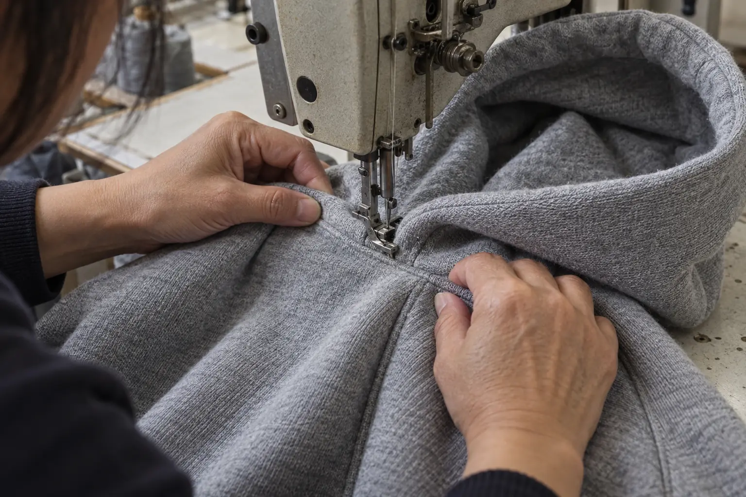 Heavy hoodie hood and neckline seam being assembled at a sewing machine