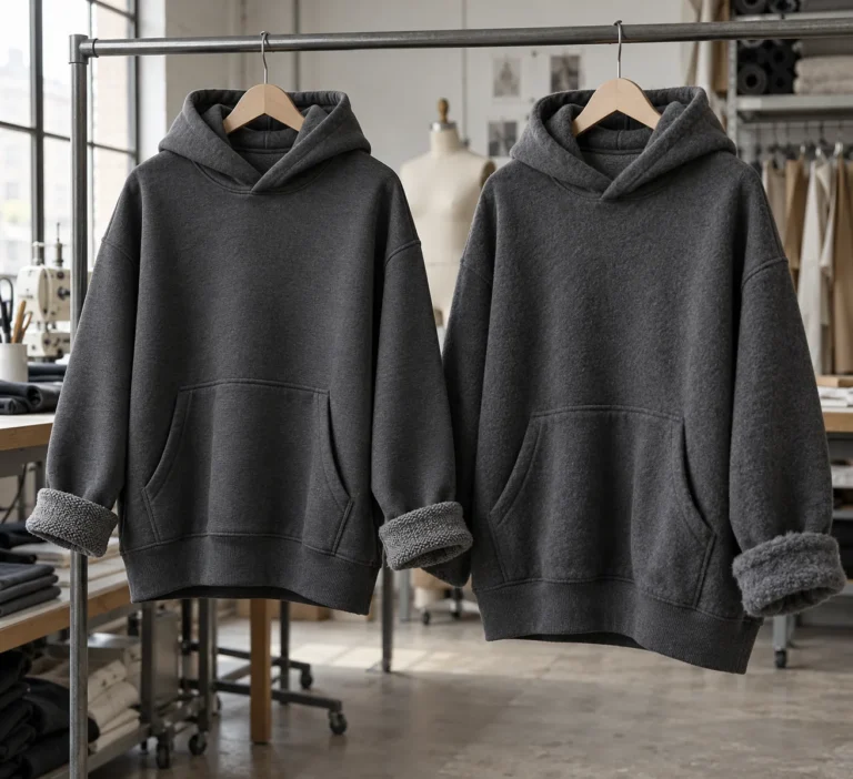 Photorealistic apparel documentary photograph of two unbranded heavyweight charcoal pullover hoodies hanging side by sid