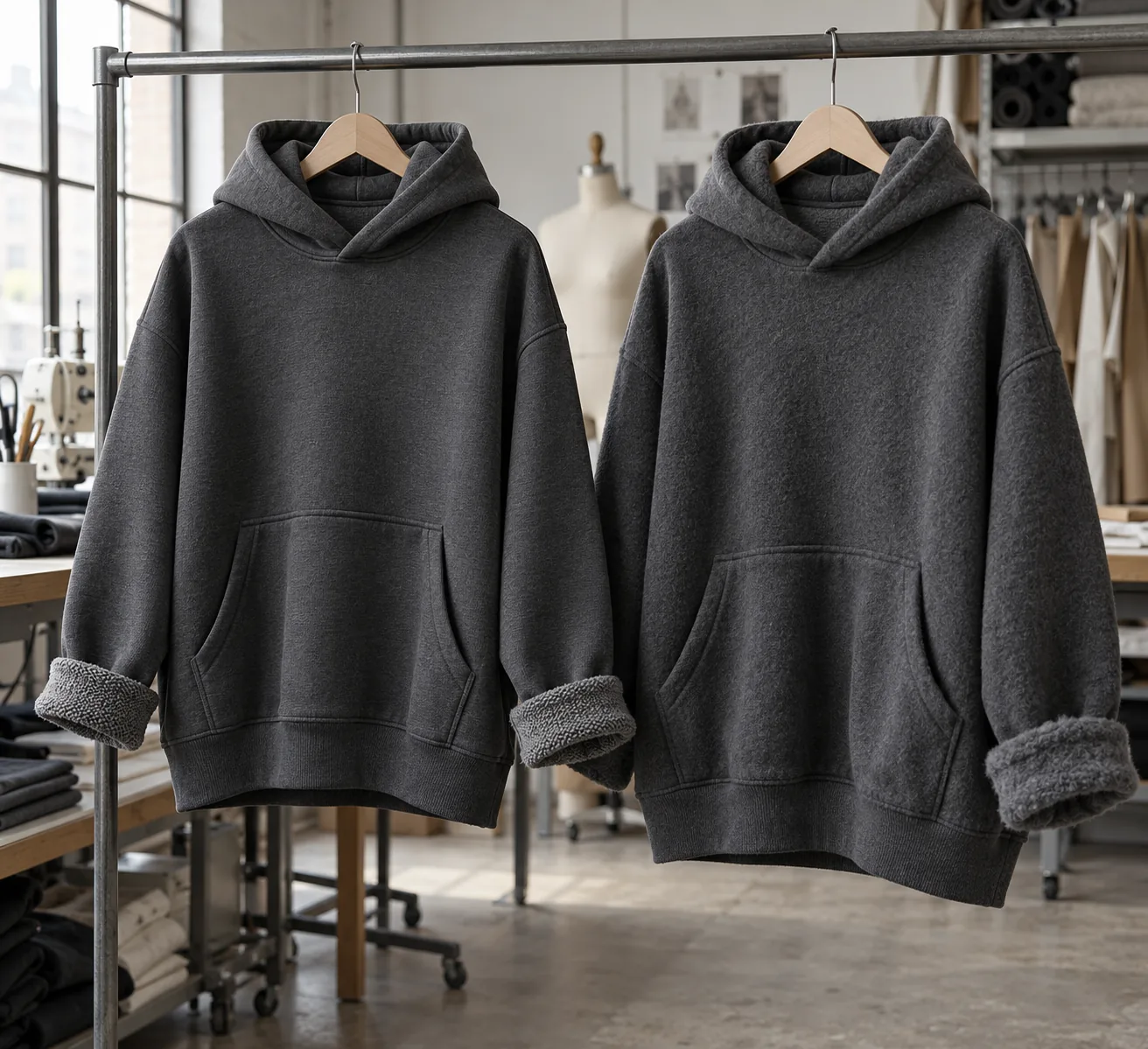 Photorealistic apparel documentary photograph of two unbranded heavyweight charcoal pullover hoodies hanging side by sid