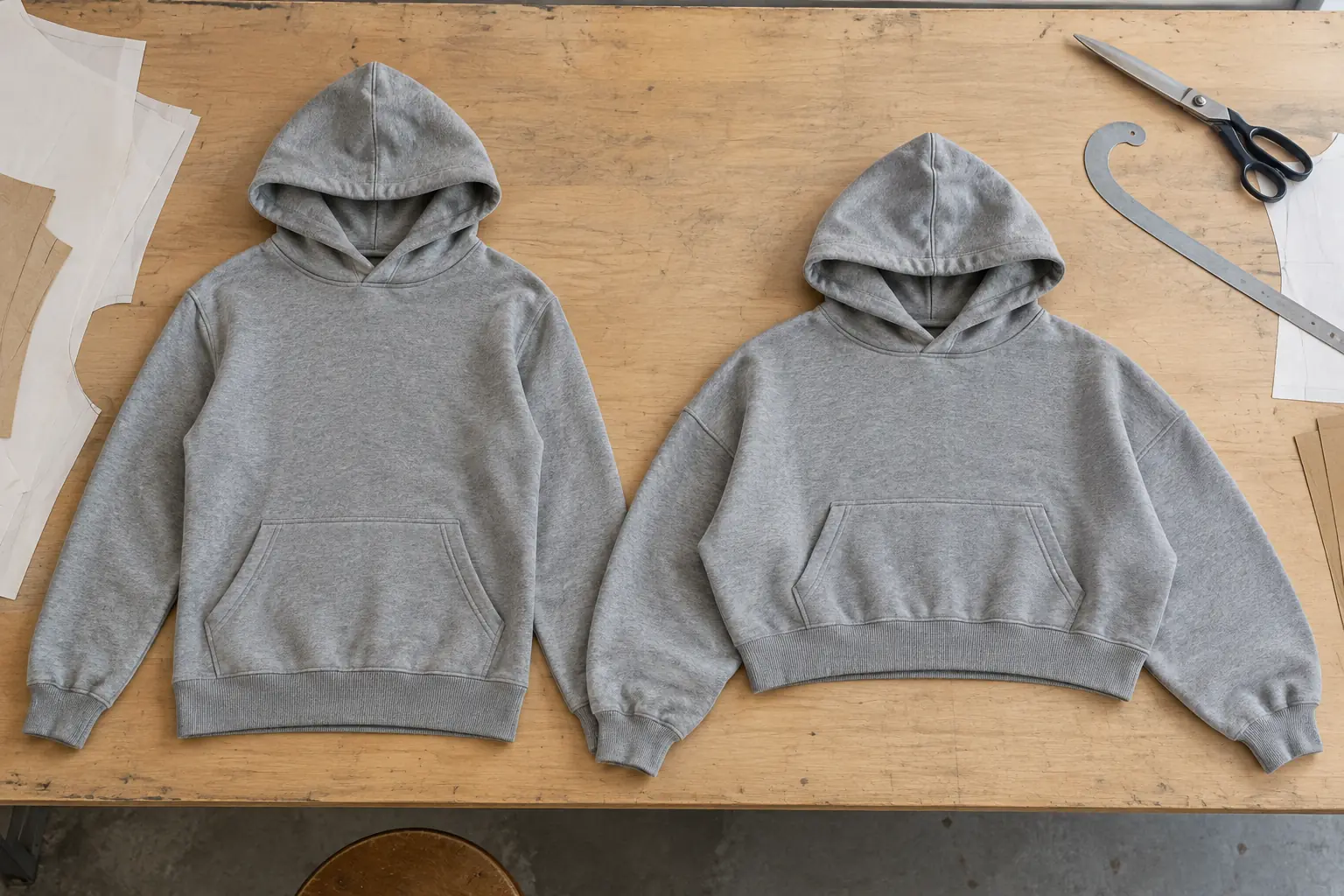 Two undecorated hoodie silhouettes laid flat for comparison on a sampling table
