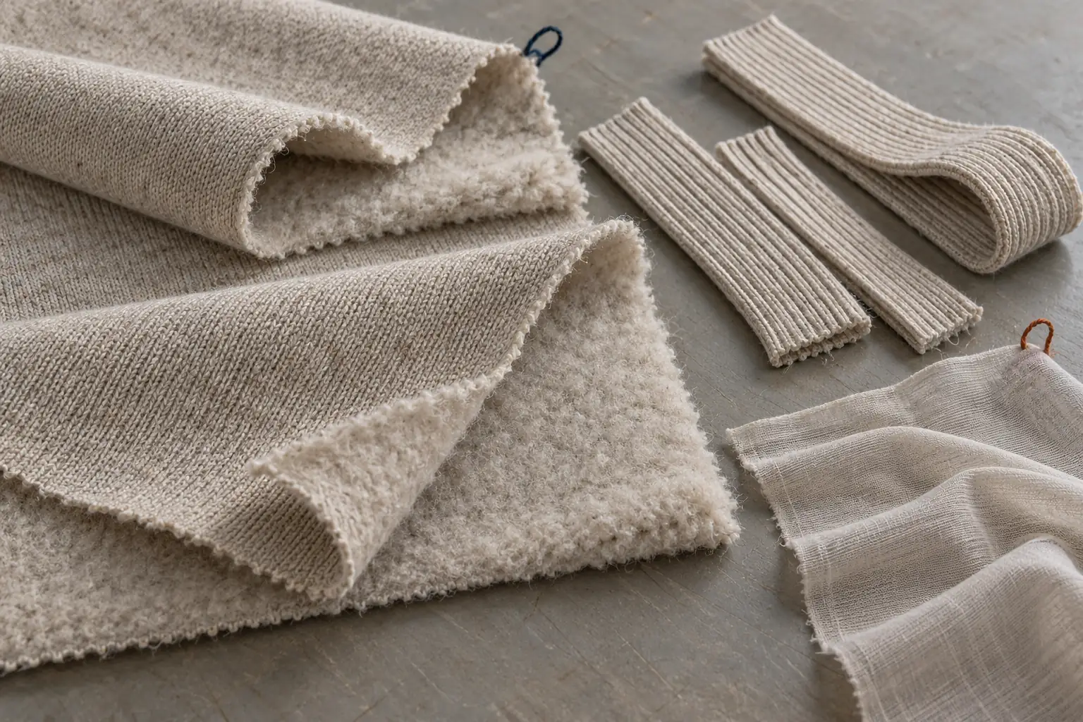 Fleece and rib swatches arranged for dimensional stability evaluation