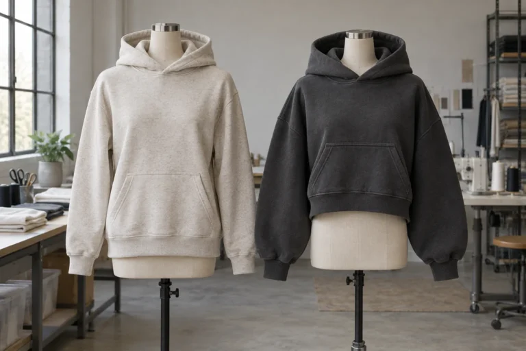 Photorealistic garment documentary photograph of two finished unbranded cotton fleece hoodies on adjacent neutral dress