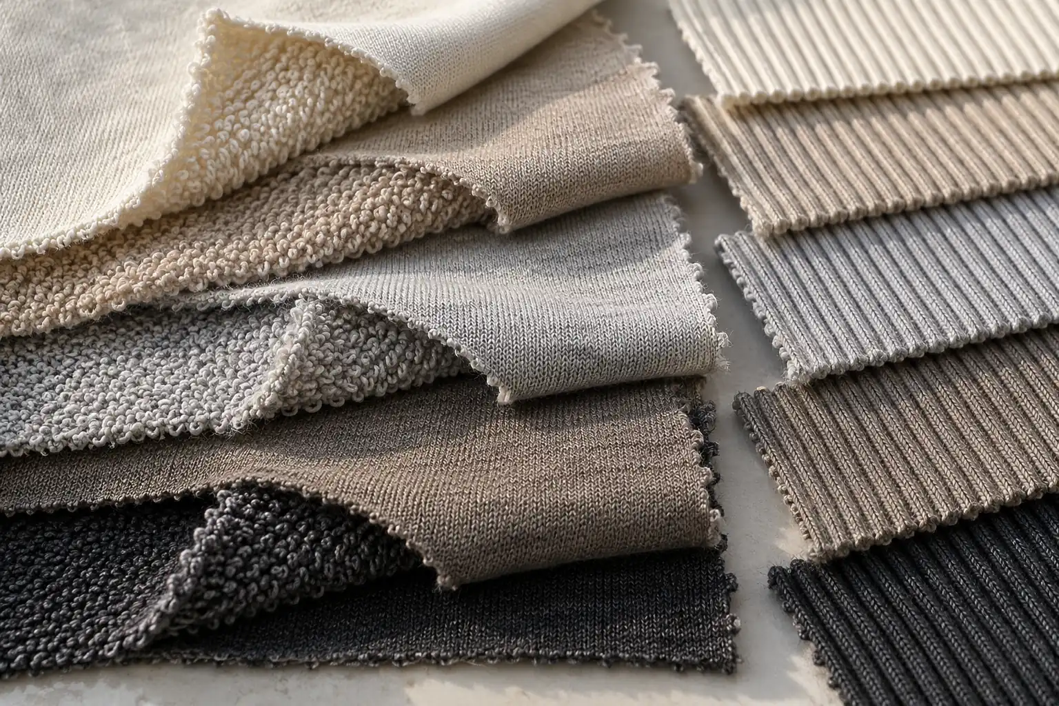 Cotton loopback swatches and rib samples arranged for fabric comparison