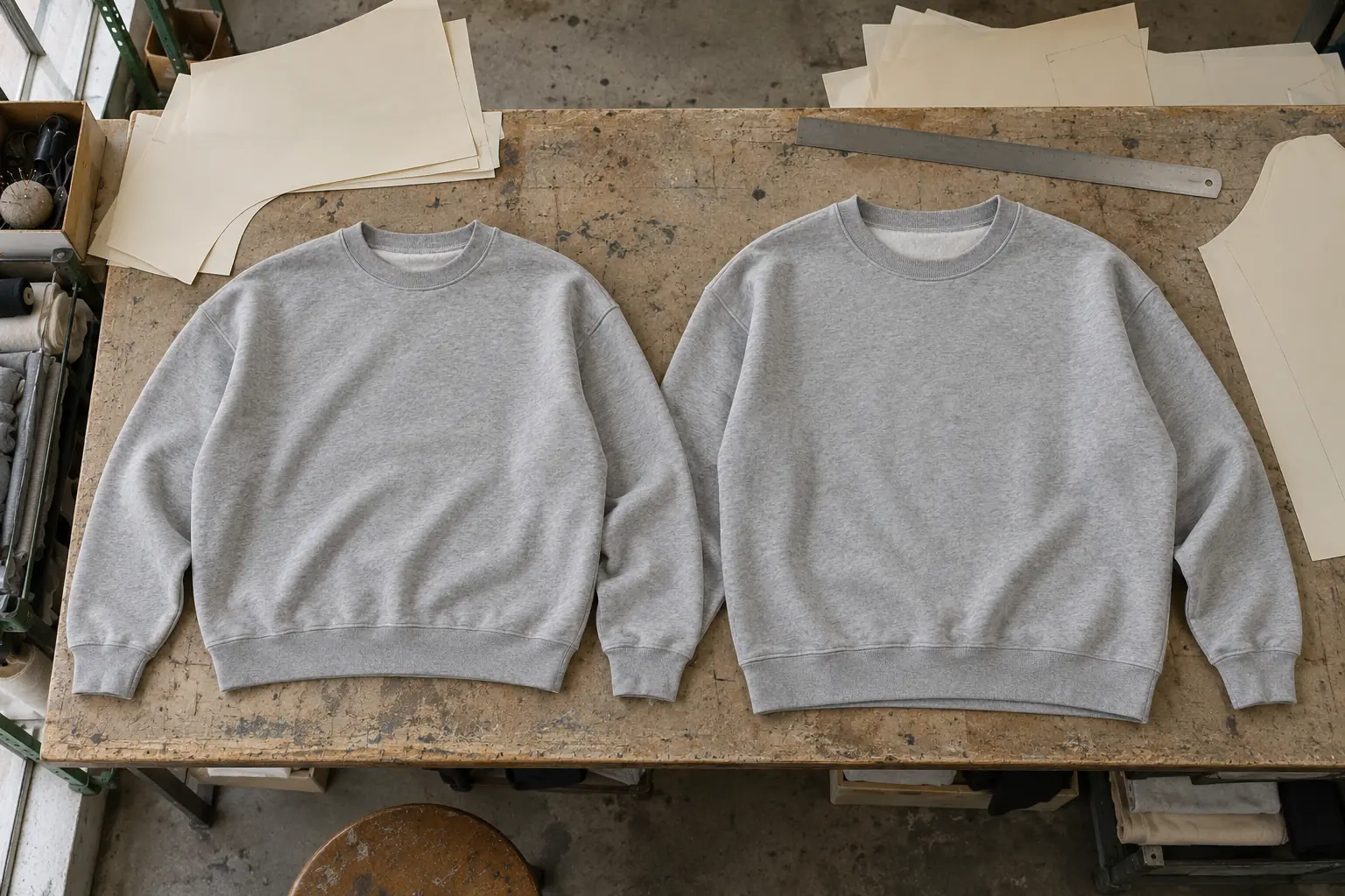 Two crewneck development samples laid side by side on a sampling table
