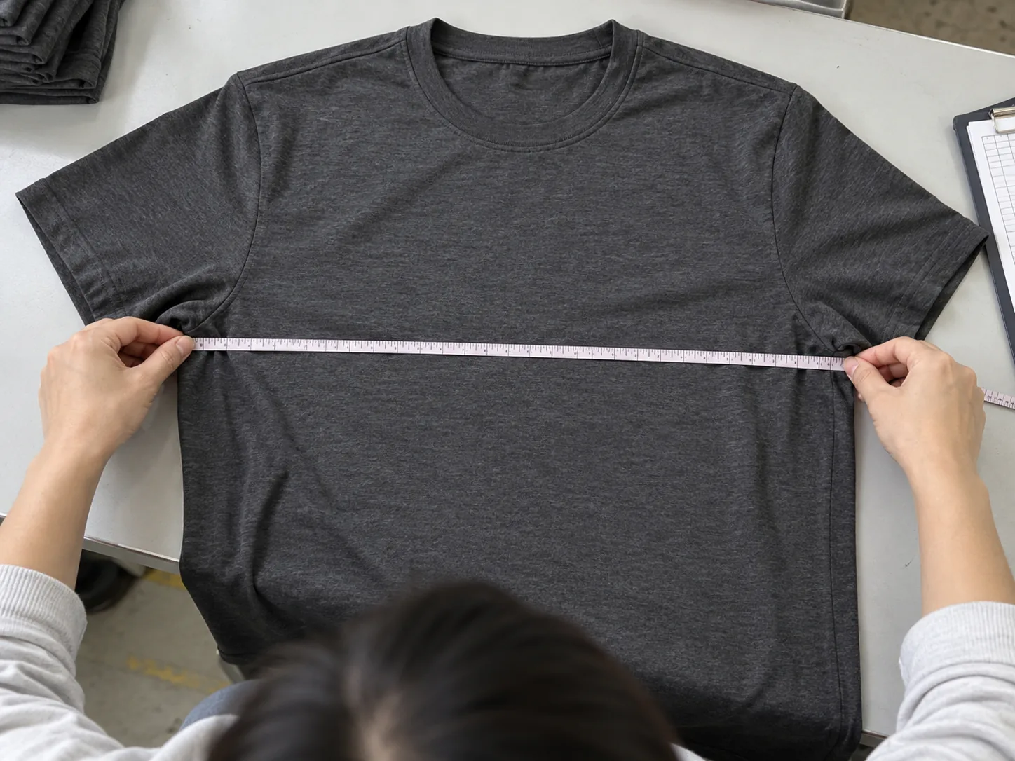 Inspector measuring chest width on a finished crewneck sweatshirt