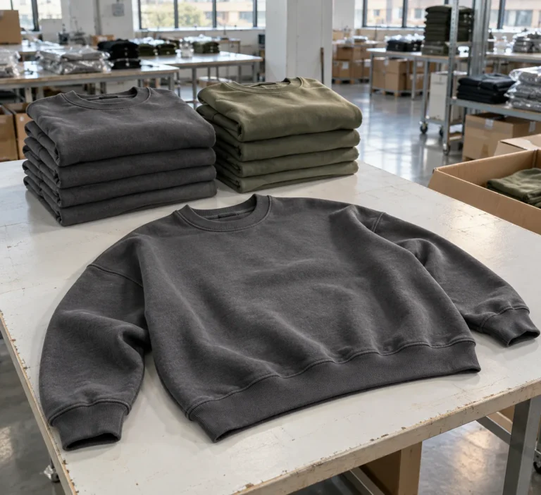 Photorealistic documentary photograph of finished boxy crewneck sweatshirts in charcoal and muted olive folded on a clea