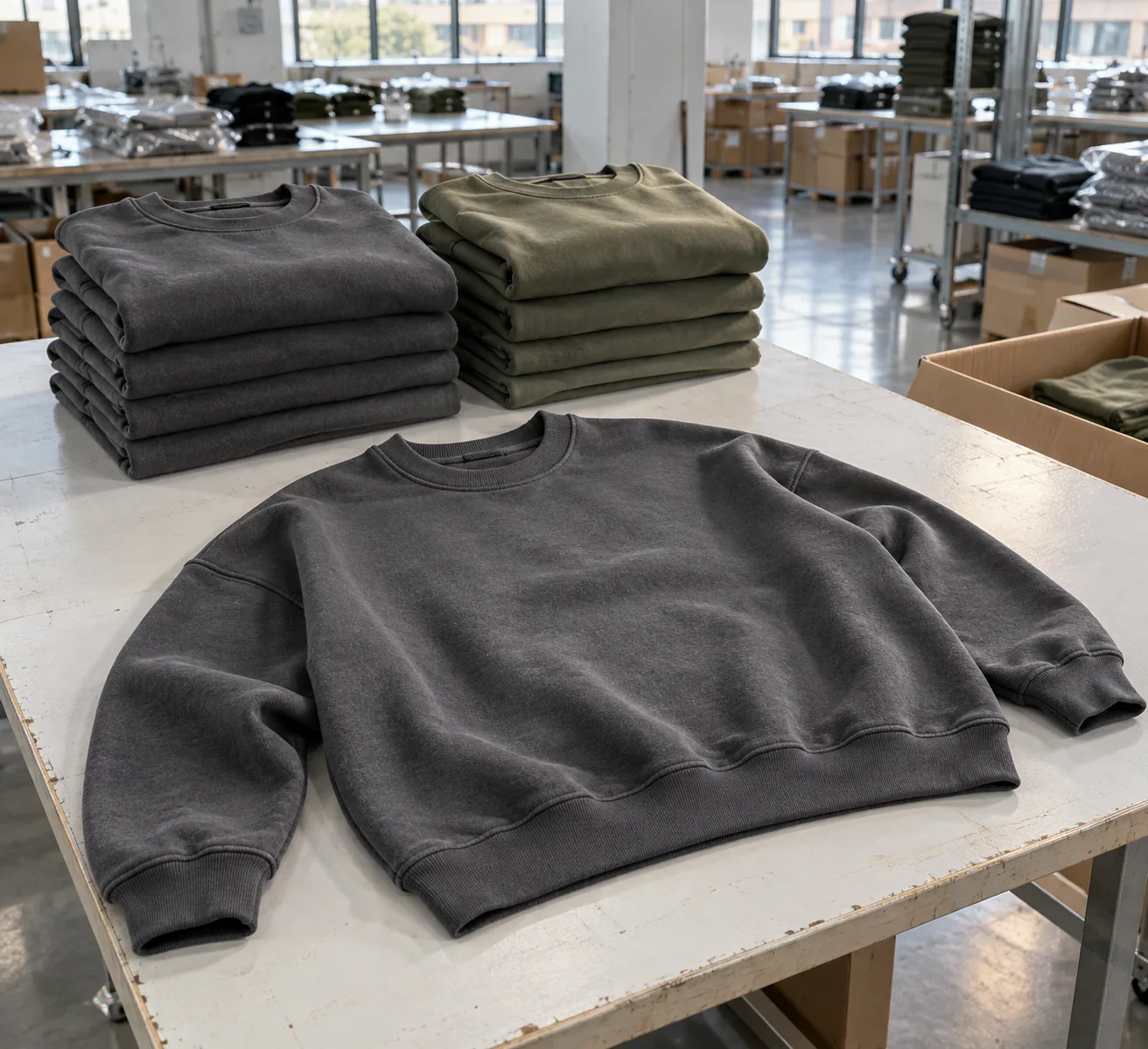 Photorealistic documentary photograph of finished boxy crewneck sweatshirts in charcoal and muted olive folded on a clea