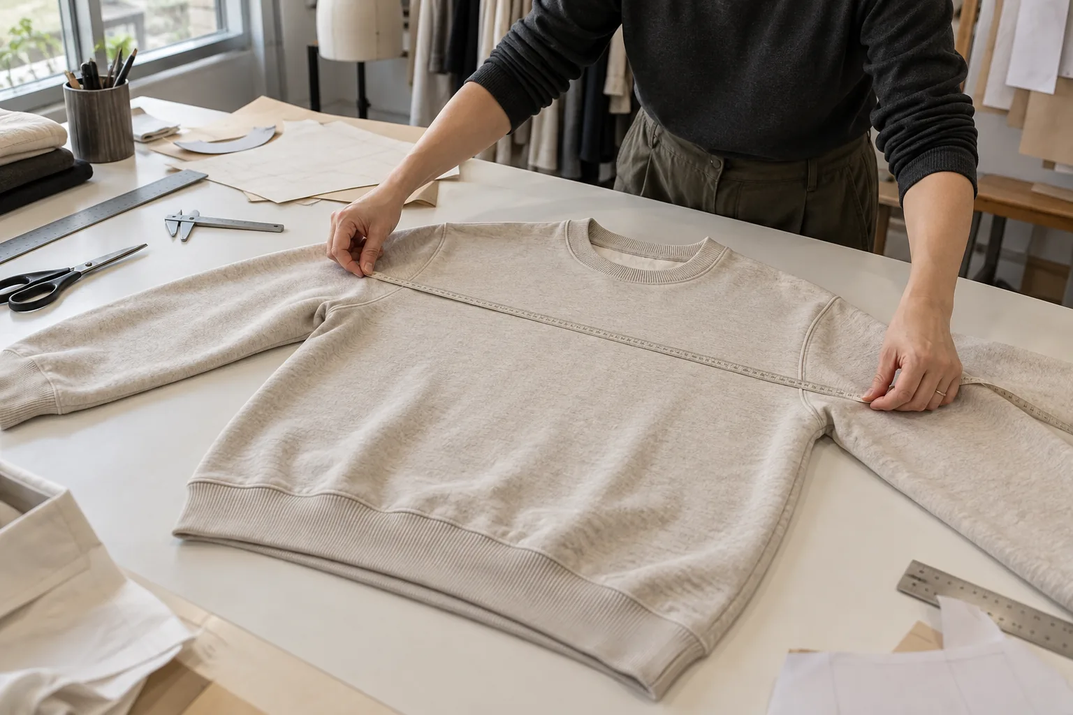 Sweatshirt sample and measuring tools arranged for a development review