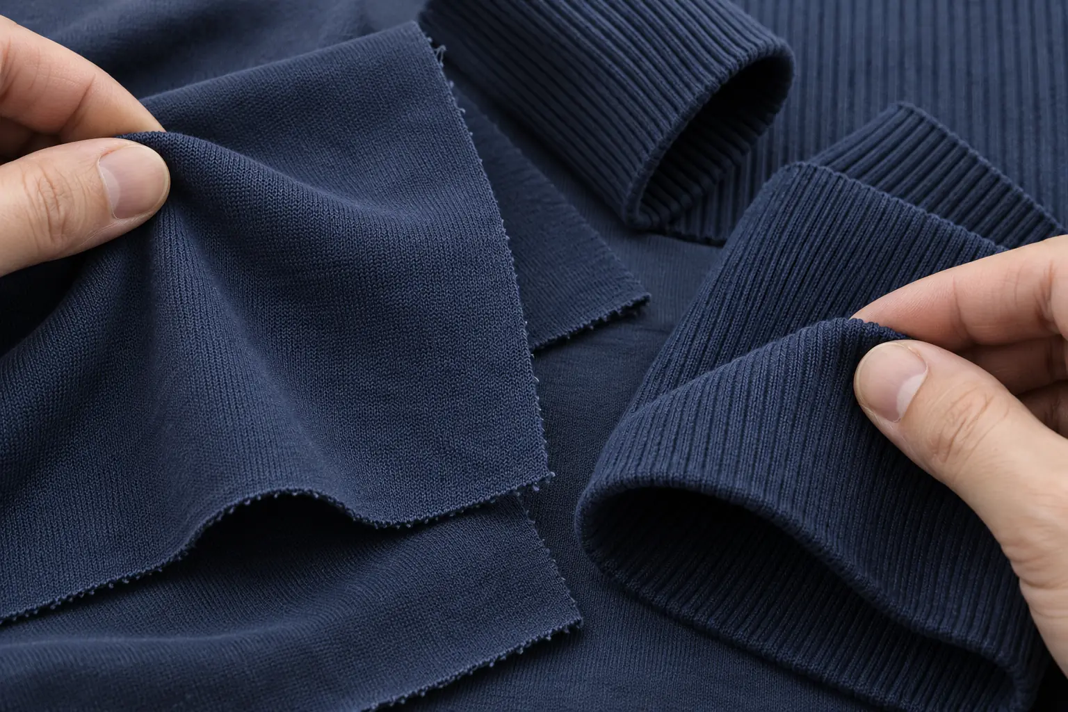 Fabric swatches and a rib cuff compared under consistent lighting