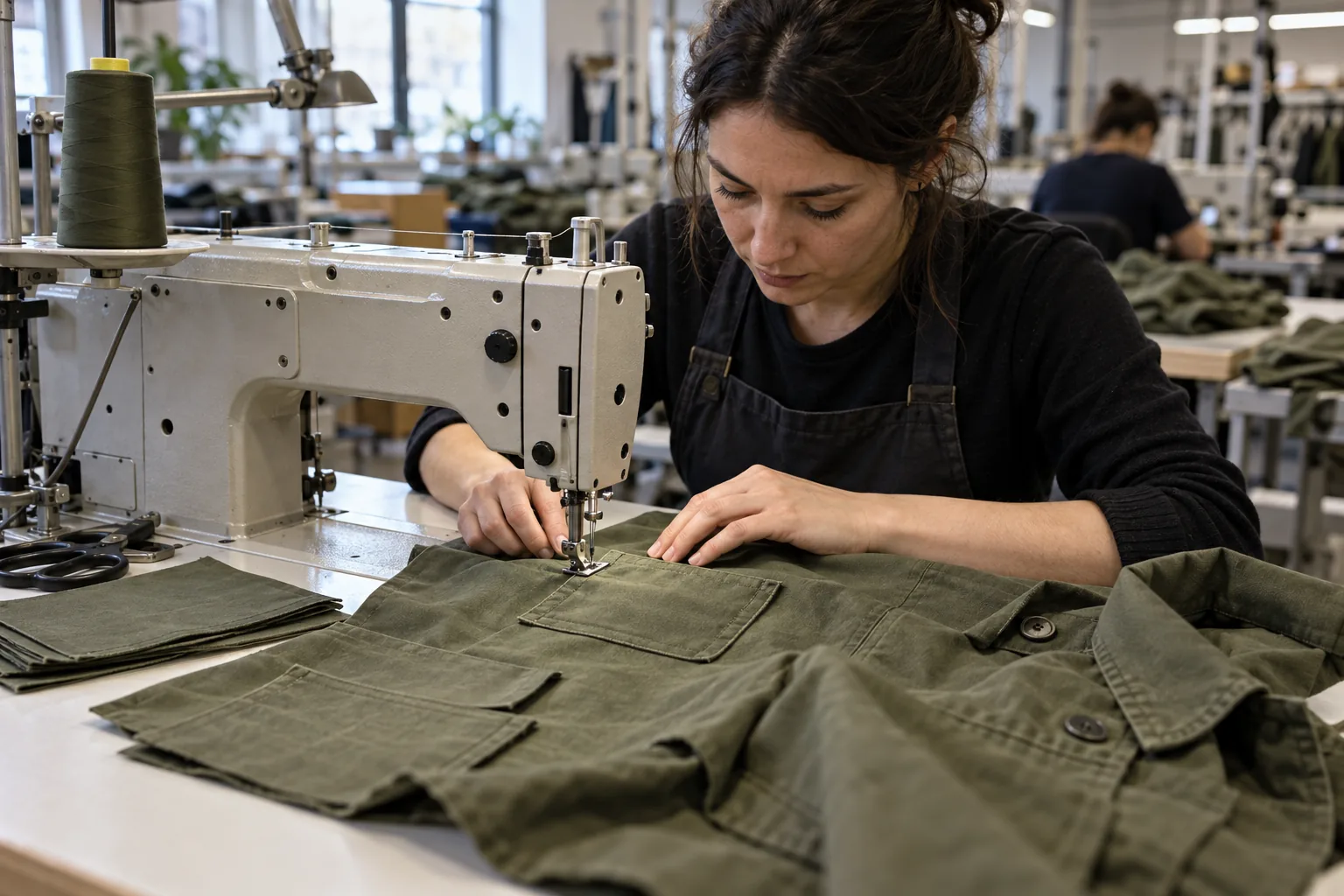 Operator sewing a revised pocket onto a garment sample