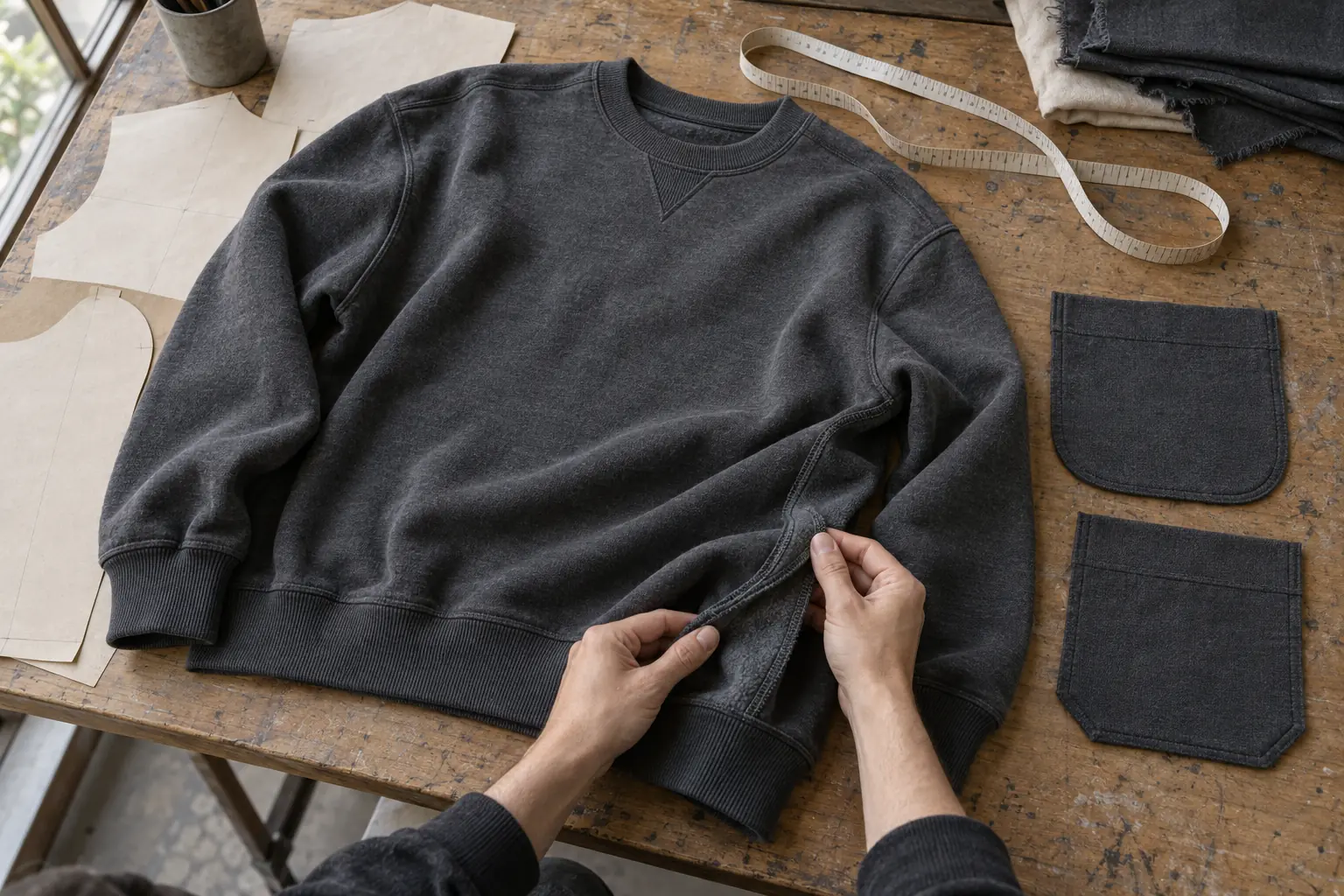 Photorealistic apparel development documentary photograph, overhead view of a charcoal crewneck sweatshirt prototype on