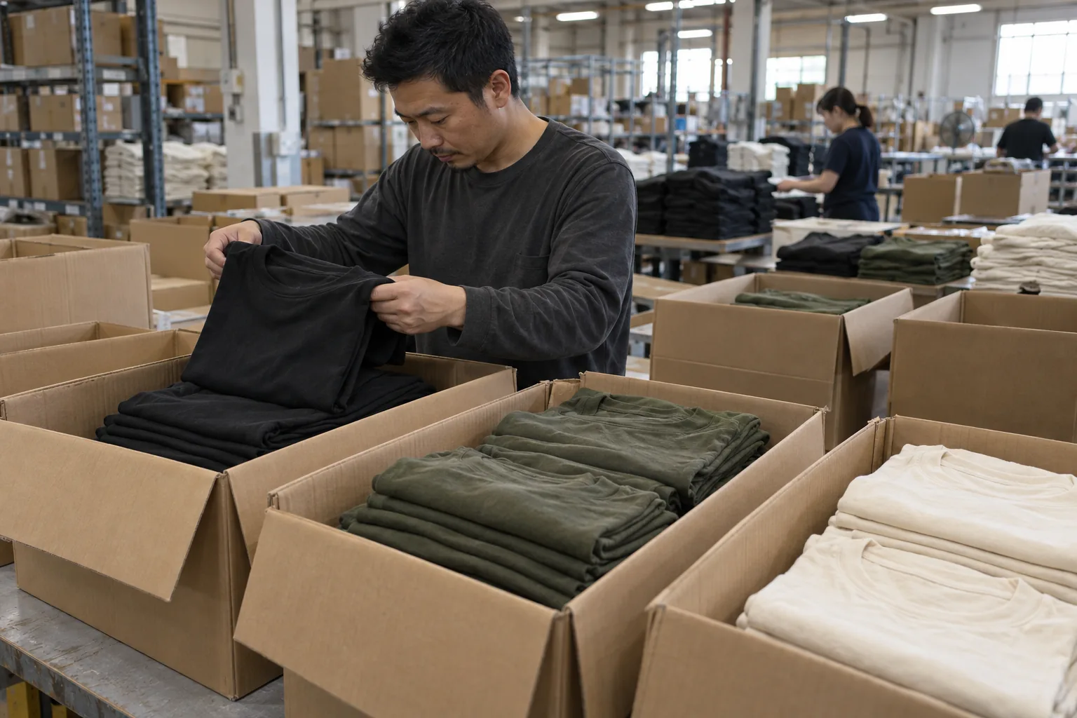 Inspector selecting folded garments from separate production groups for inspection
