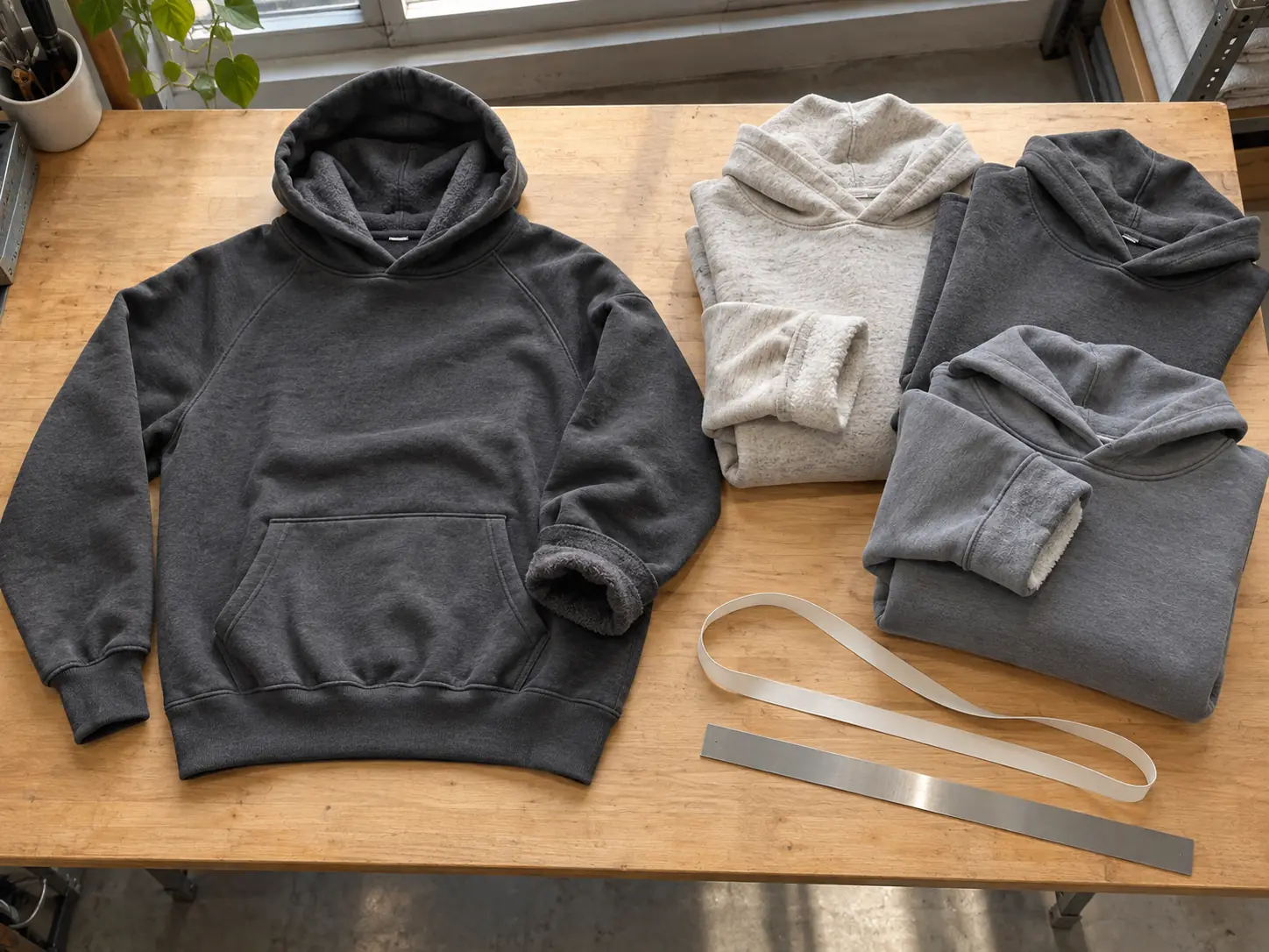 Sampling table with a reference hoodie and selected production garments