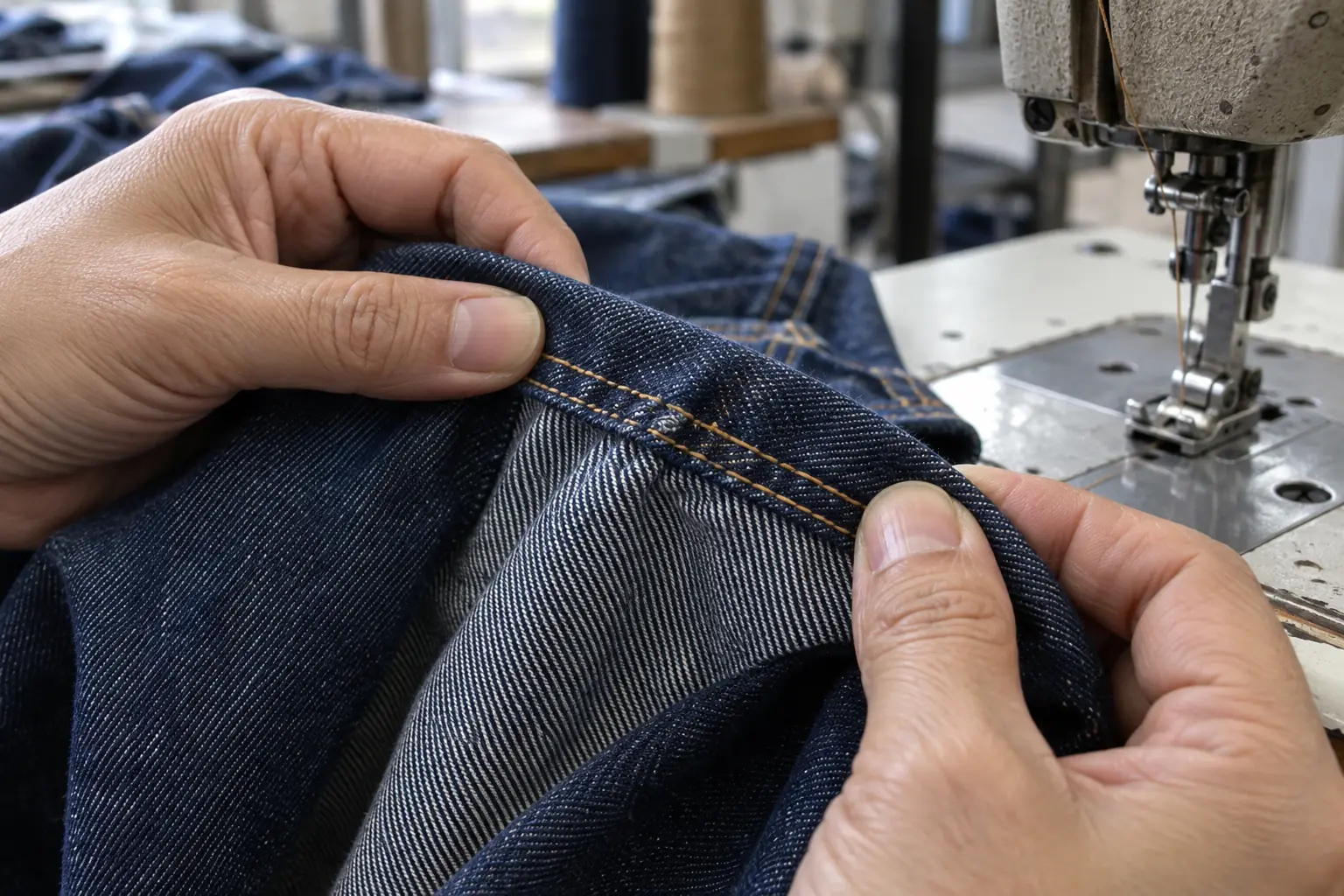 Close inspection of a denim seam beside a sewing machine