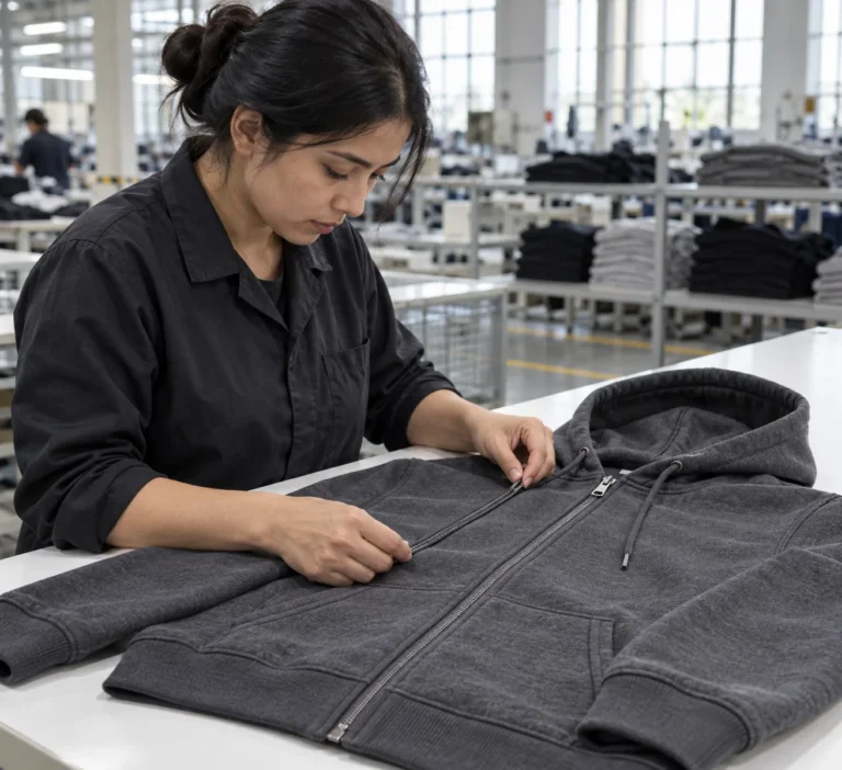 Photorealistic apparel factory documentary photograph, quality technician examining a finished charcoal zip hoodie on a