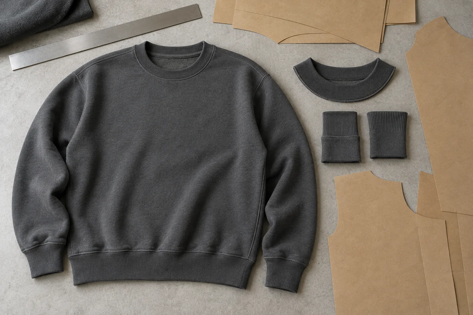 Approved sweatshirt and matching construction samples arranged on a sampling table