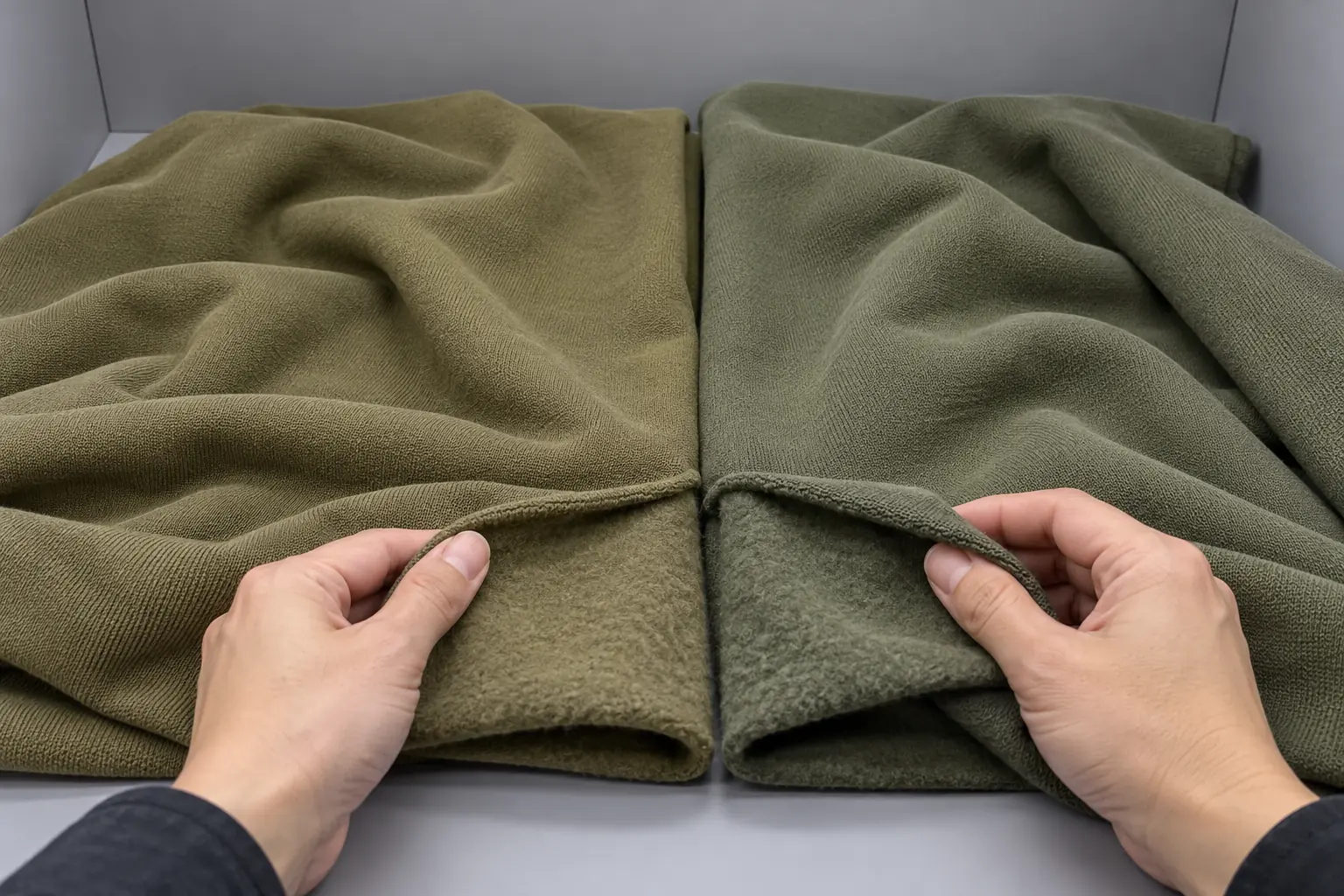 Two fabric lots compared side by side under controlled lighting