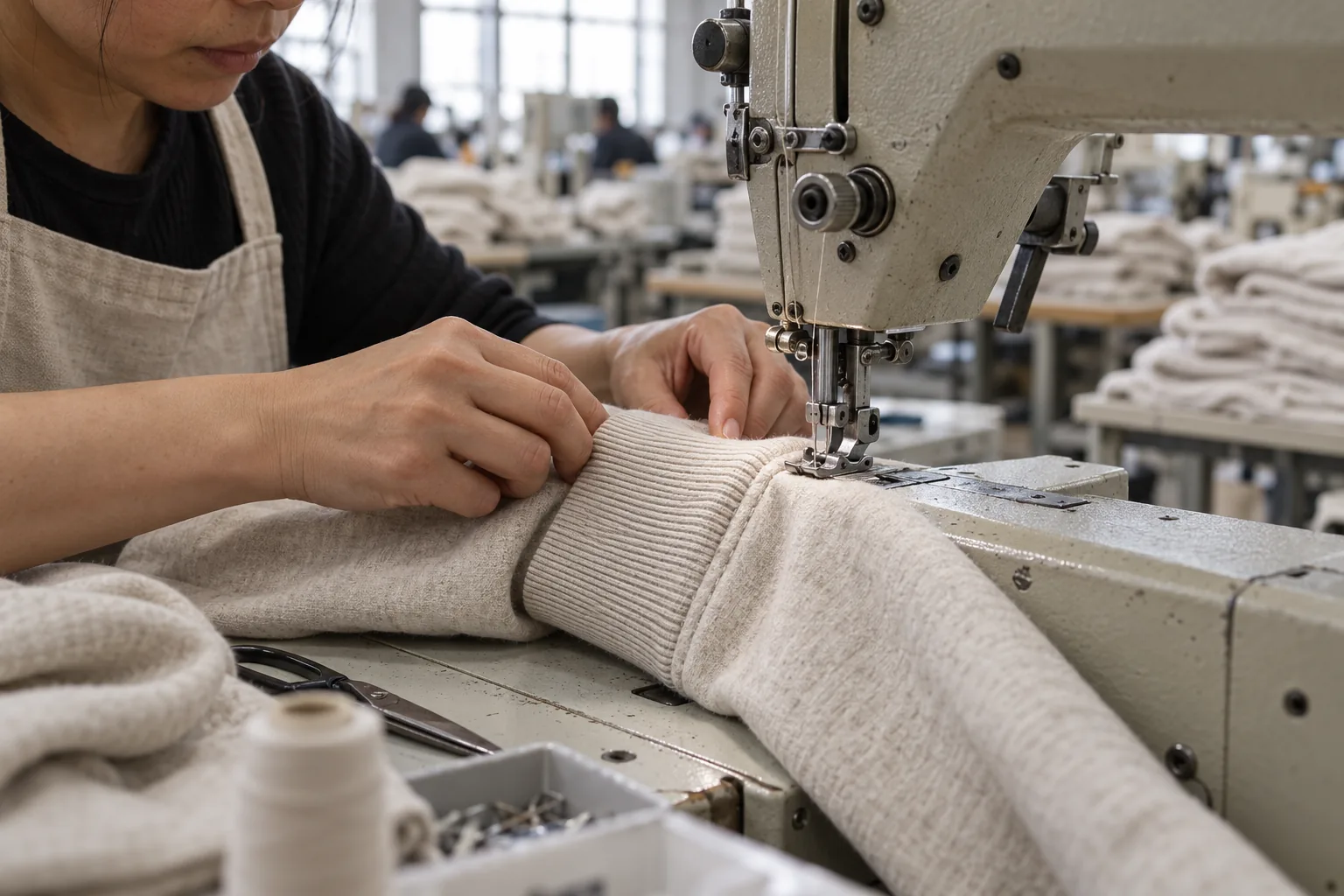 Operator sewing a rib cuff onto a sweatshirt sleeve at an industrial machine