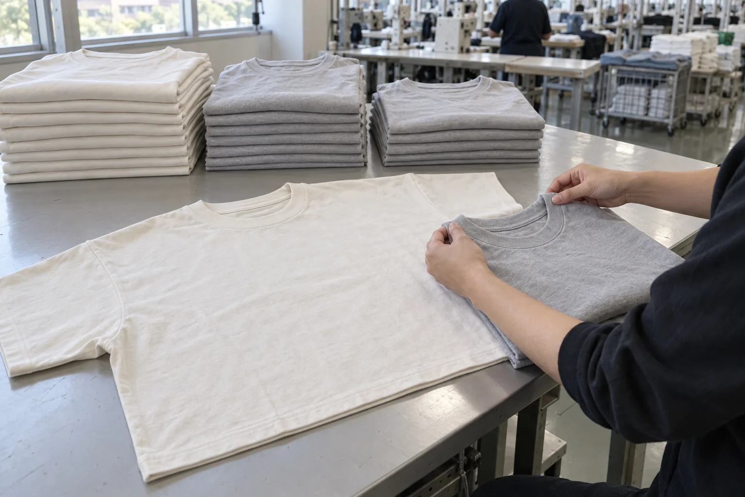 Photorealistic apparel factory documentary photograph of finished plain boxy T-shirts stacked by size on a clean packing