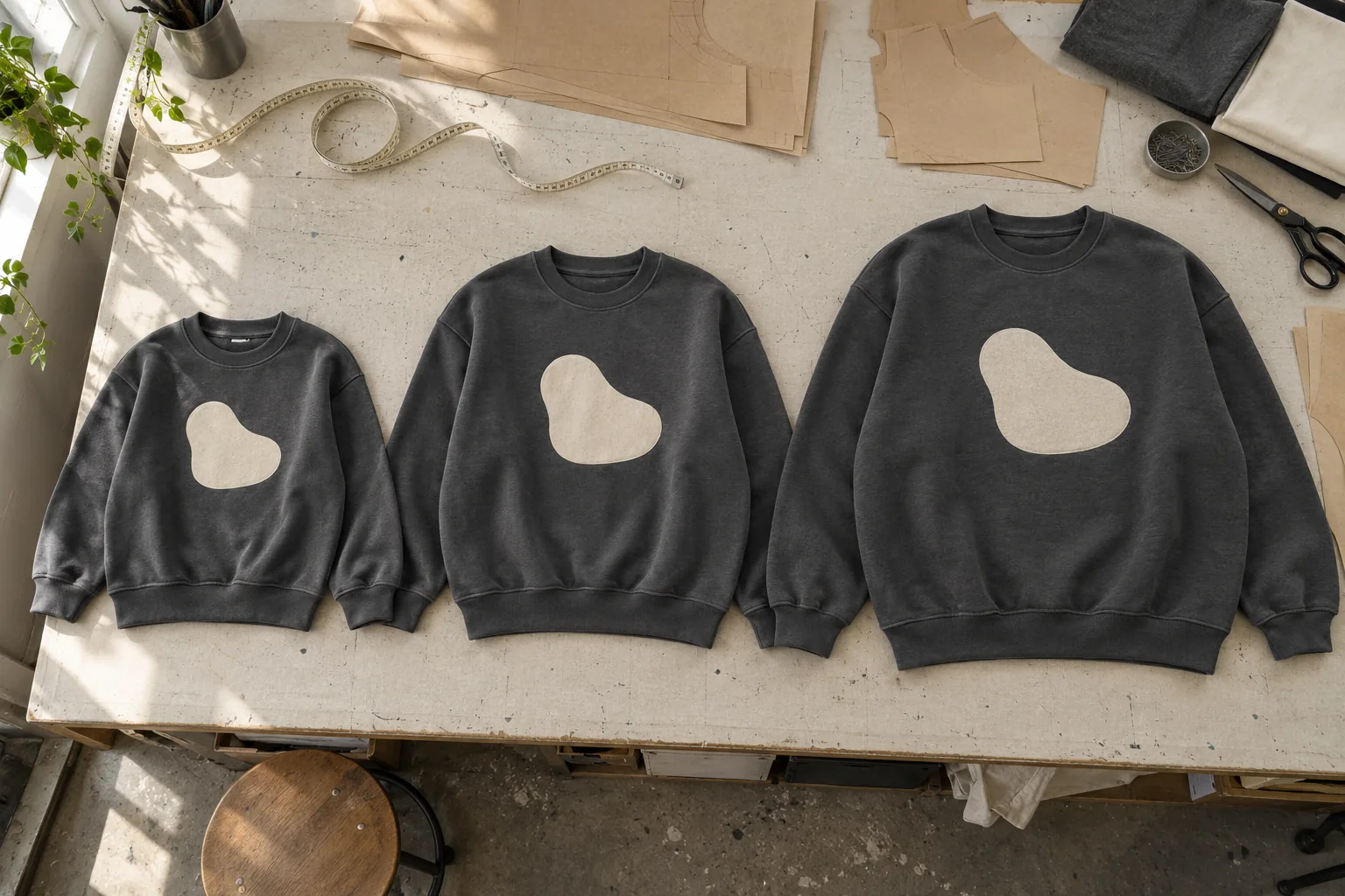 Photorealistic apparel sampling room documentary photograph, overhead view of three charcoal sweatshirt samples in progr