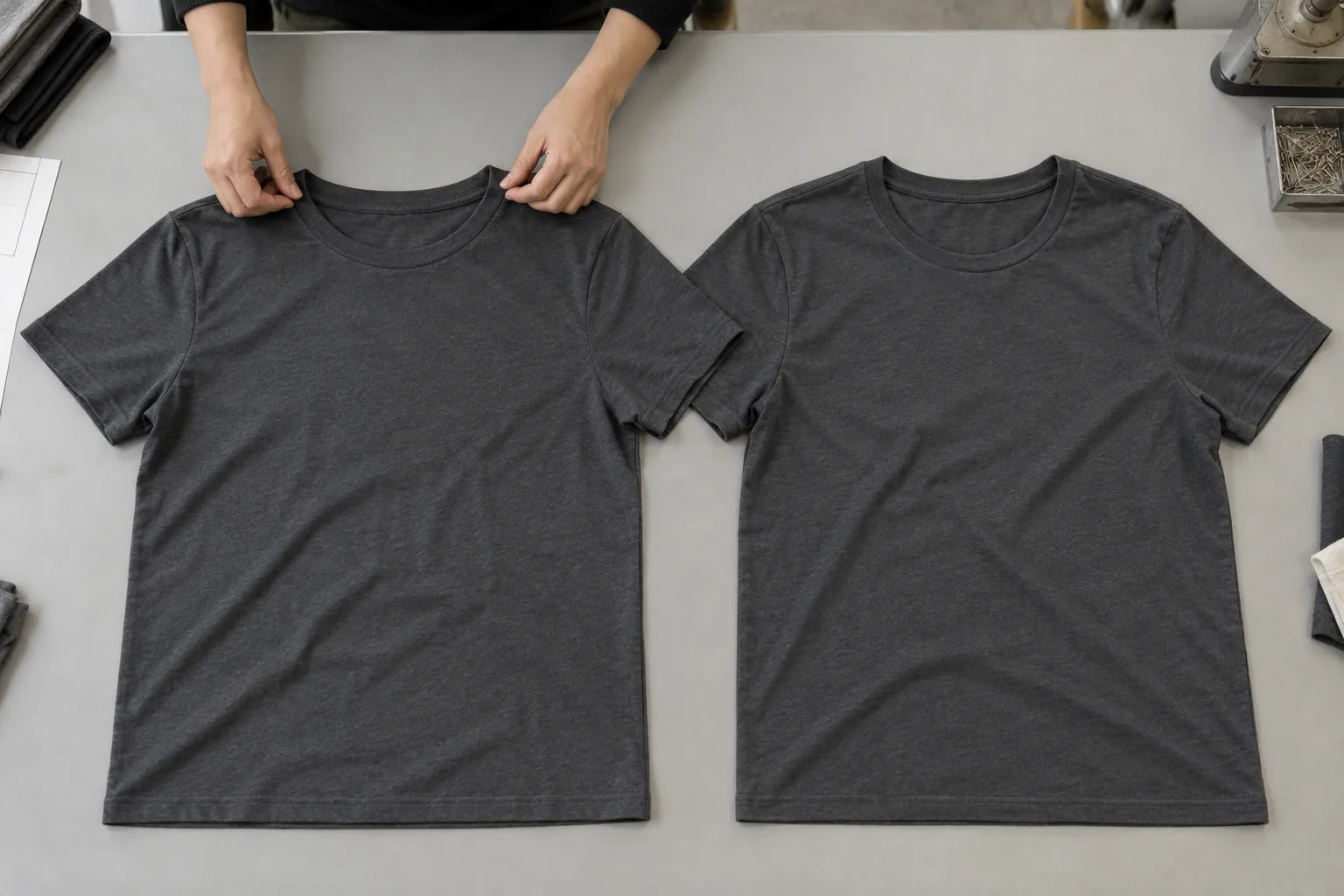 Fit sample and presentation sample arranged for comparison on a garment development table