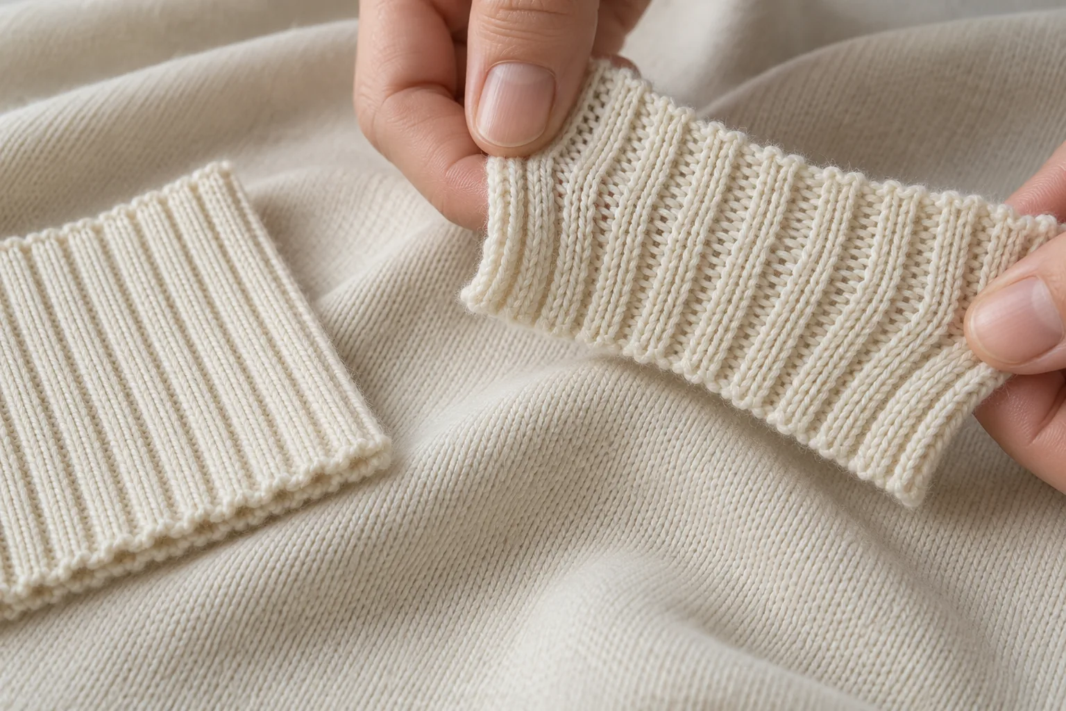 Jersey and rib fabric swatches compared closely under neutral lighting