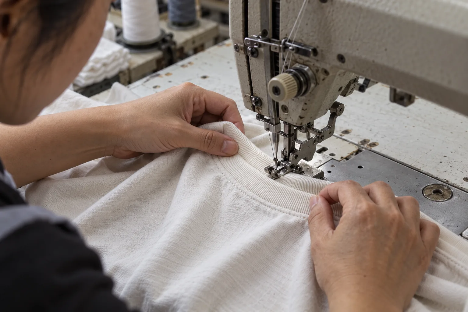 Operator sewing a rib neckline onto a jersey garment at an industrial machine