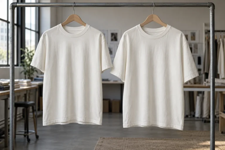 Photorealistic apparel development studio documentary photograph, two plain heavyweight off-white tee samples hanging si