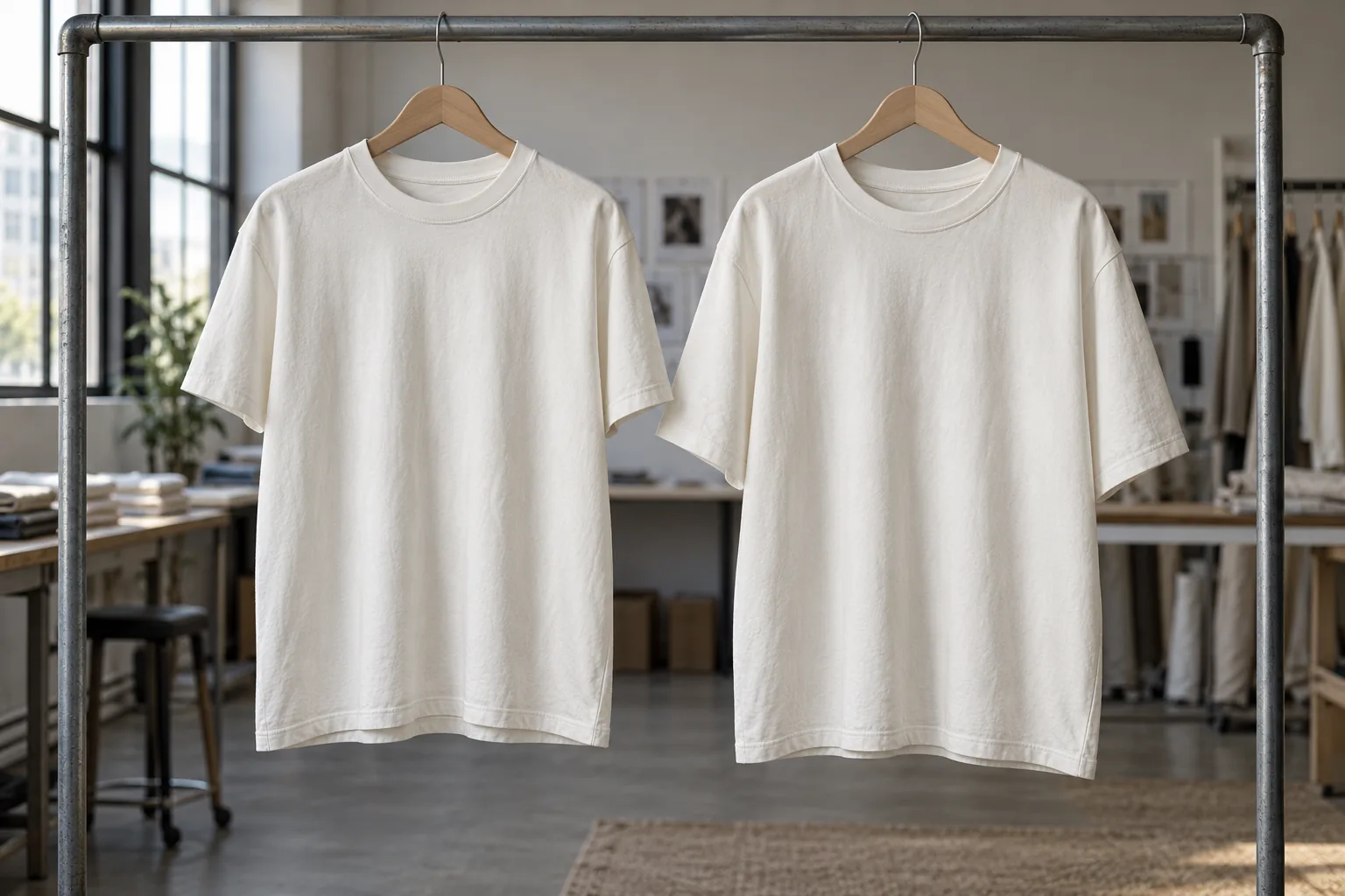Photorealistic apparel development studio documentary photograph, two plain heavyweight off-white tee samples hanging si