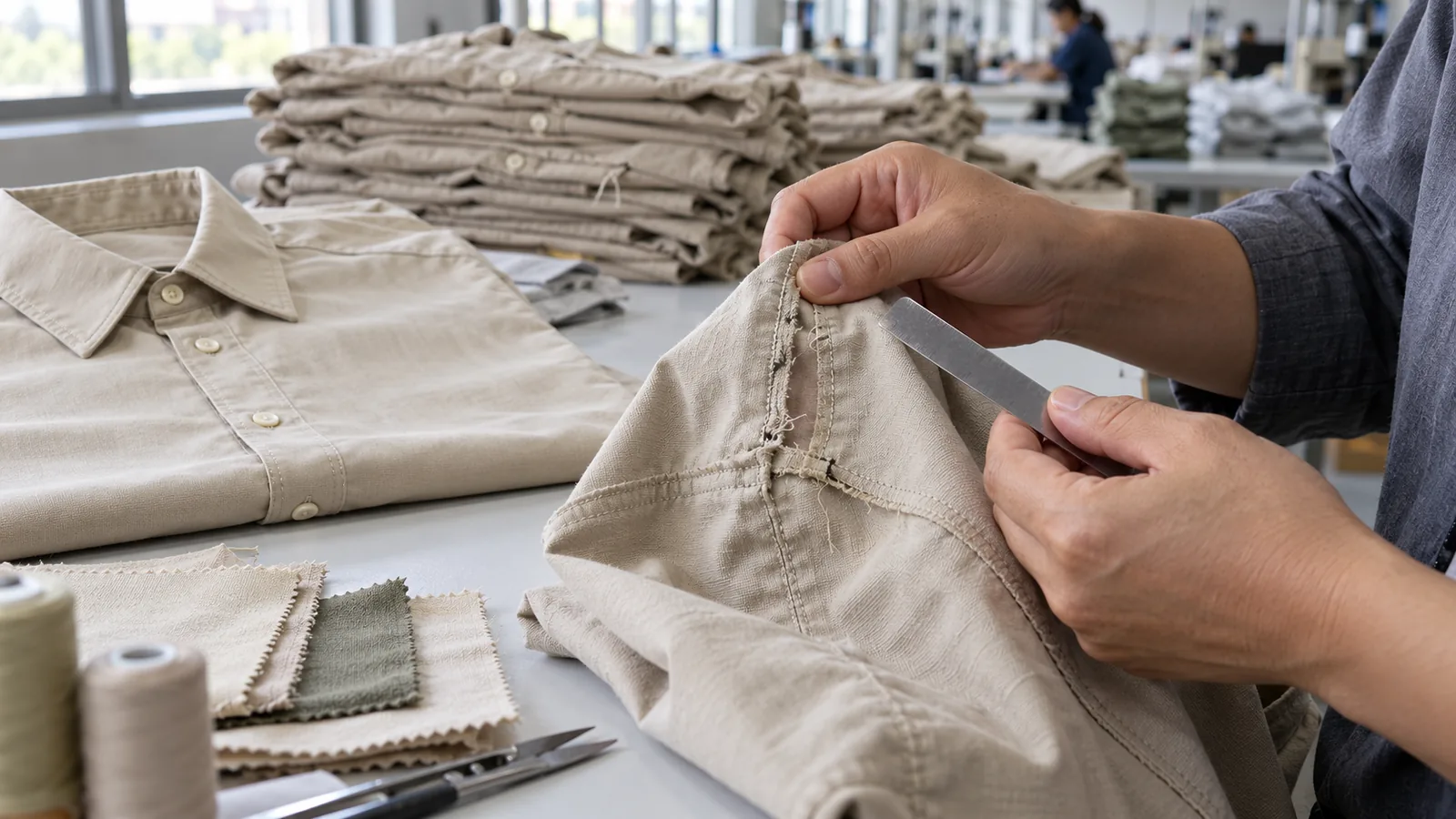 Two trouser samples with different internal pocket constructions on a factory review table