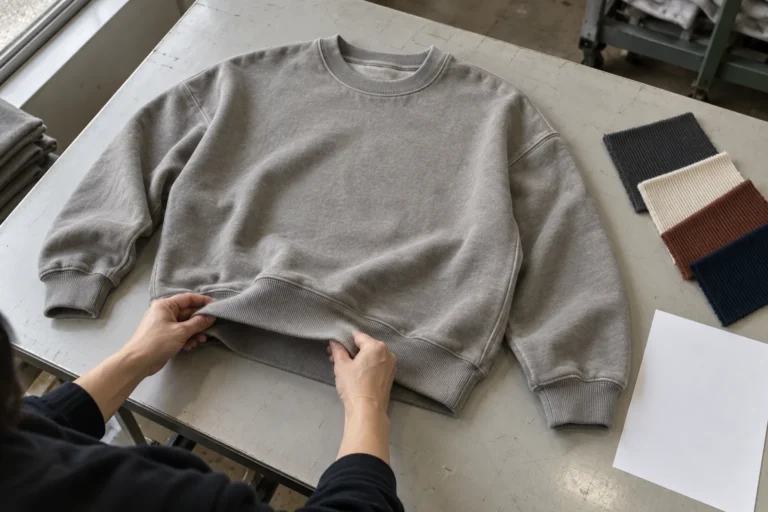 Photorealistic apparel development documentary scene, overhead view of a boxy sweatshirt sample on a factory review tabl