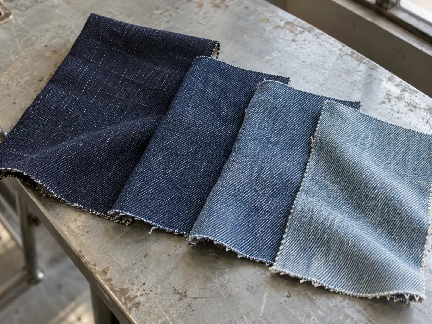 Denim swatches showing contrasting wash outcomes beside an untreated fabric sample