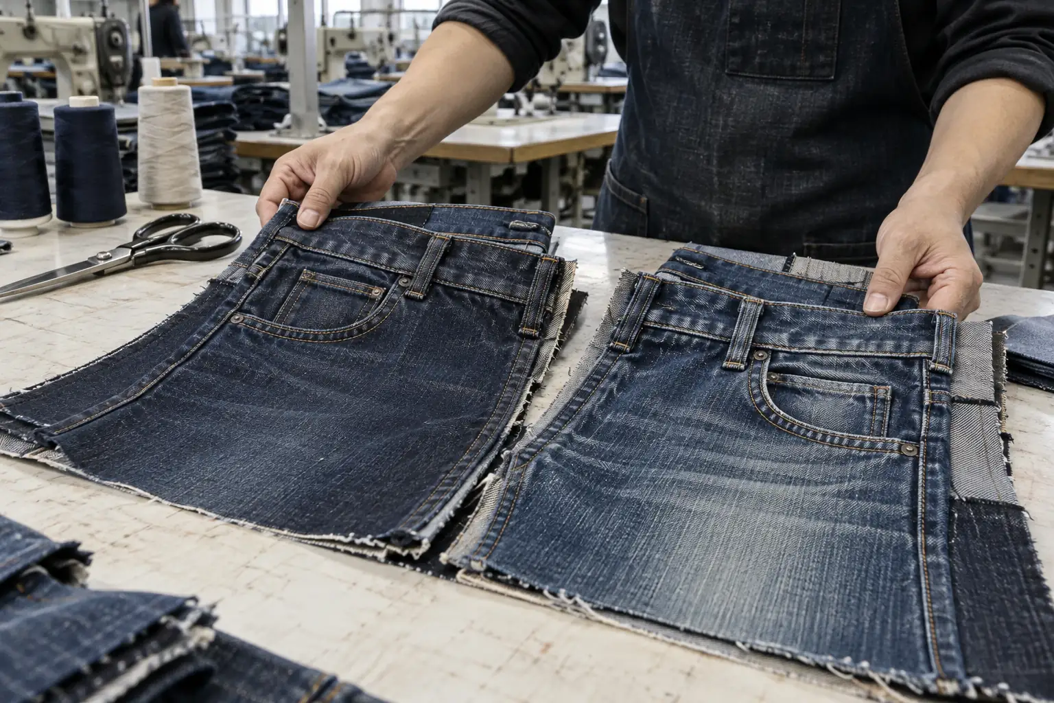 Technician comparing sewn denim trial pieces on a sampling table