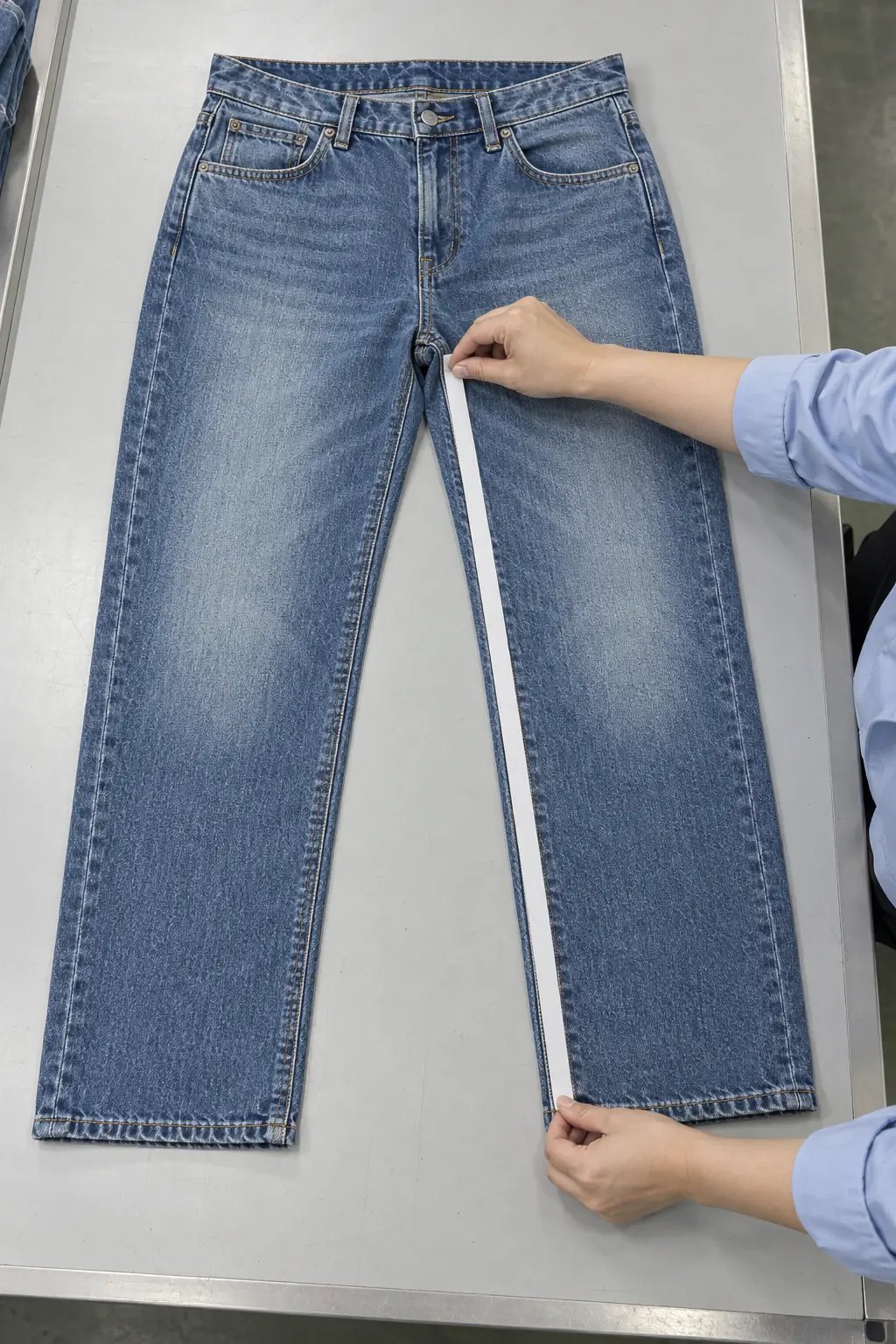 Quality technician measuring the waistband and leg of a washed denim trial garment