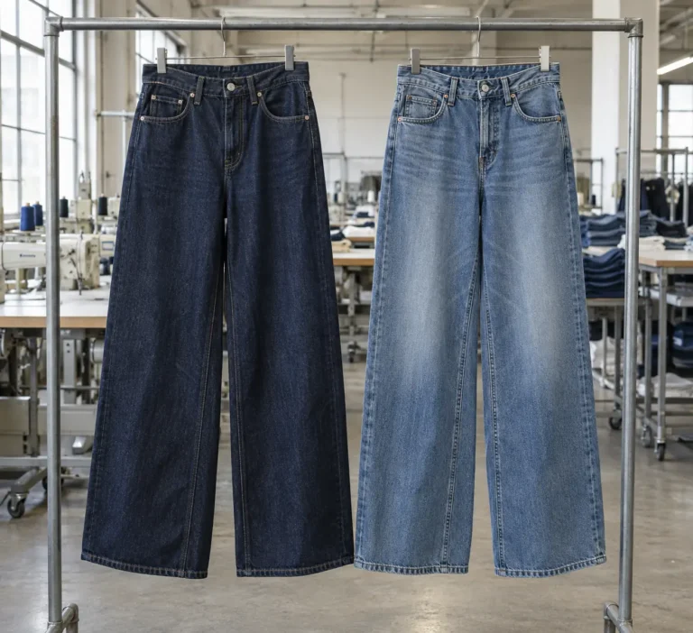 Photorealistic apparel factory documentary photograph of two finished wide-leg denim jeans hanging side by side on a sim