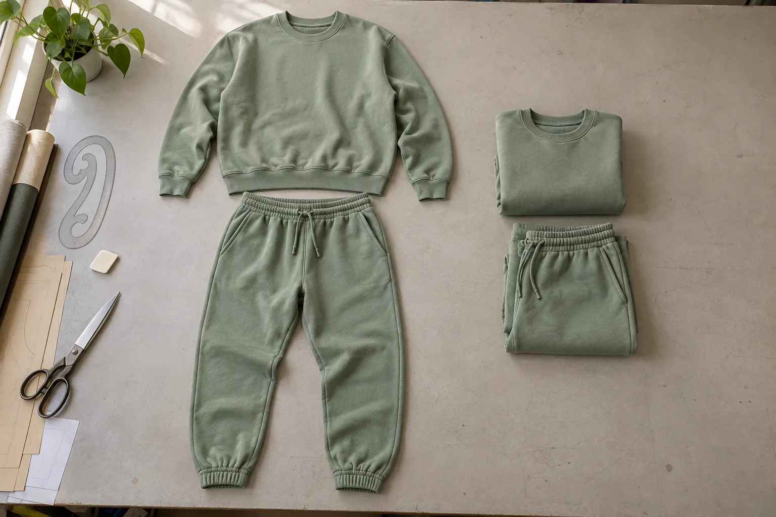 Separate sweatshirt and jogger beside a folded matching set on a sampling table