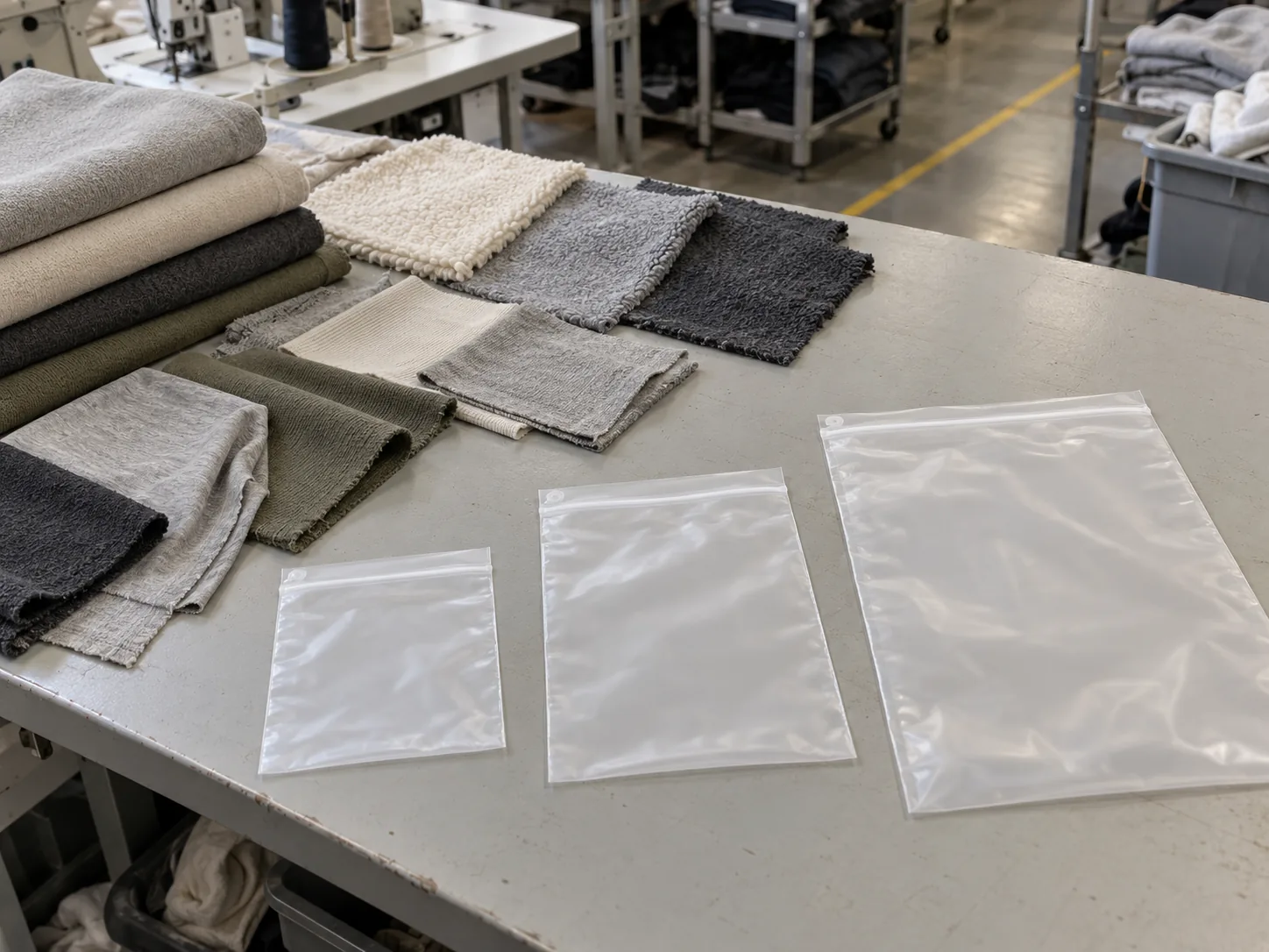 Plain garment bags in several sizes beside folded fleece and jersey fabric