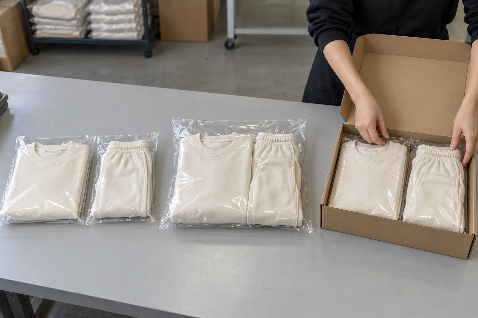 Three packaging options for matching casualwear arranged at a packing workstation